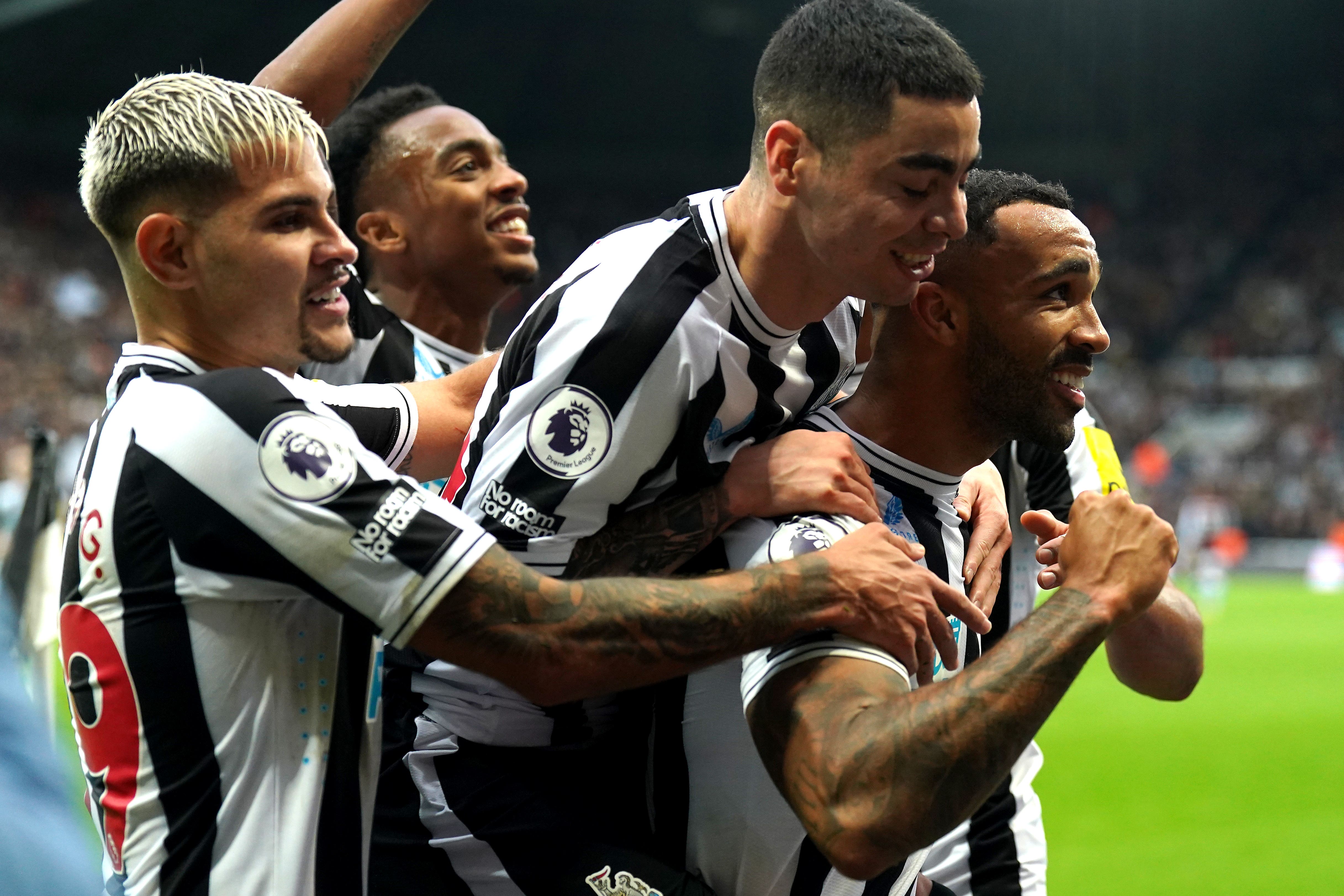 Newcastle’s Callum Wilson (right) boosted his World Cup hopes with a double against Aston Villa in front of England boss Gareth Southgate (Owen Humphreys/PA)