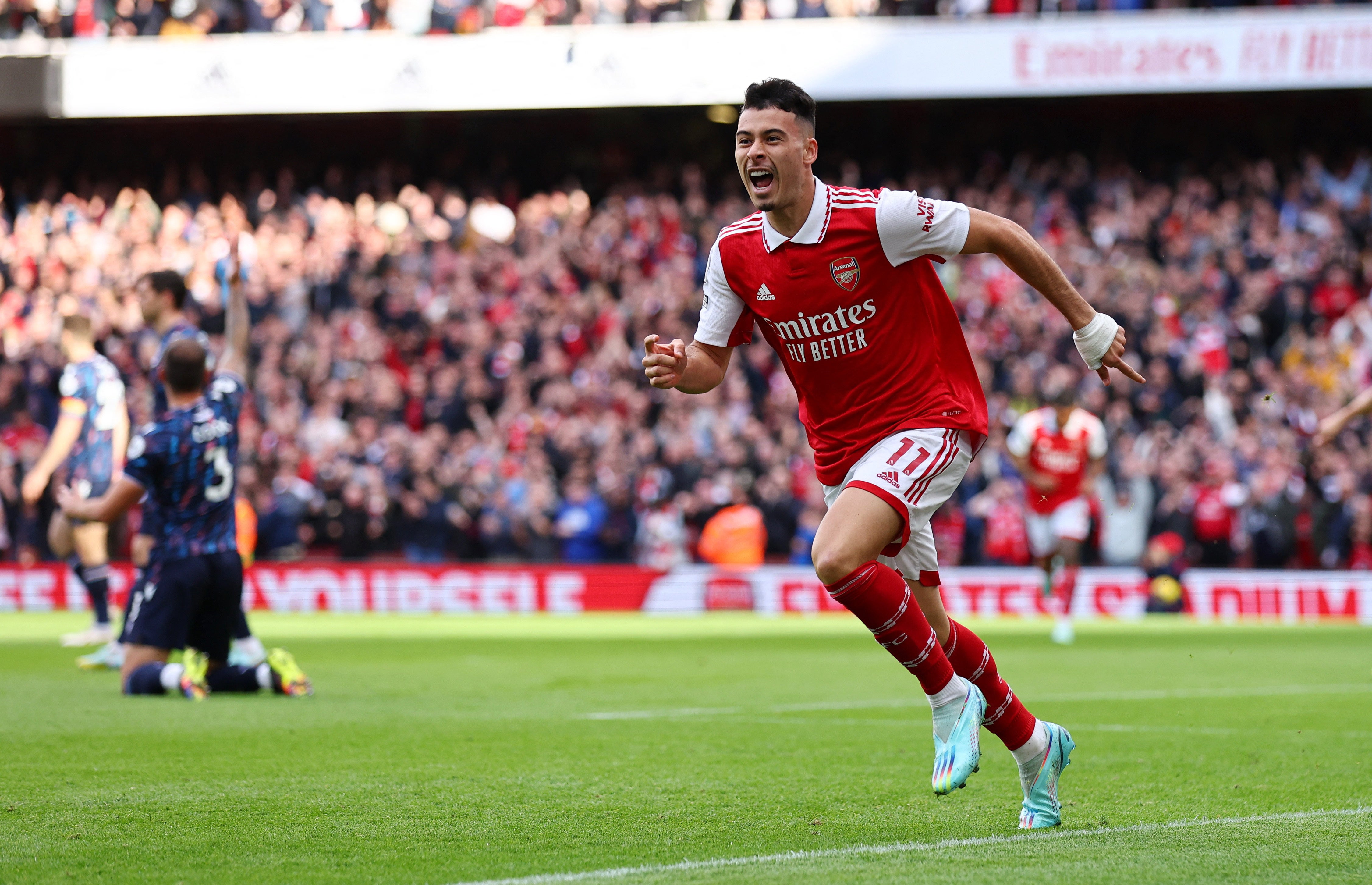 Gabriel Martinelli celebrates after heading Arsenal in front