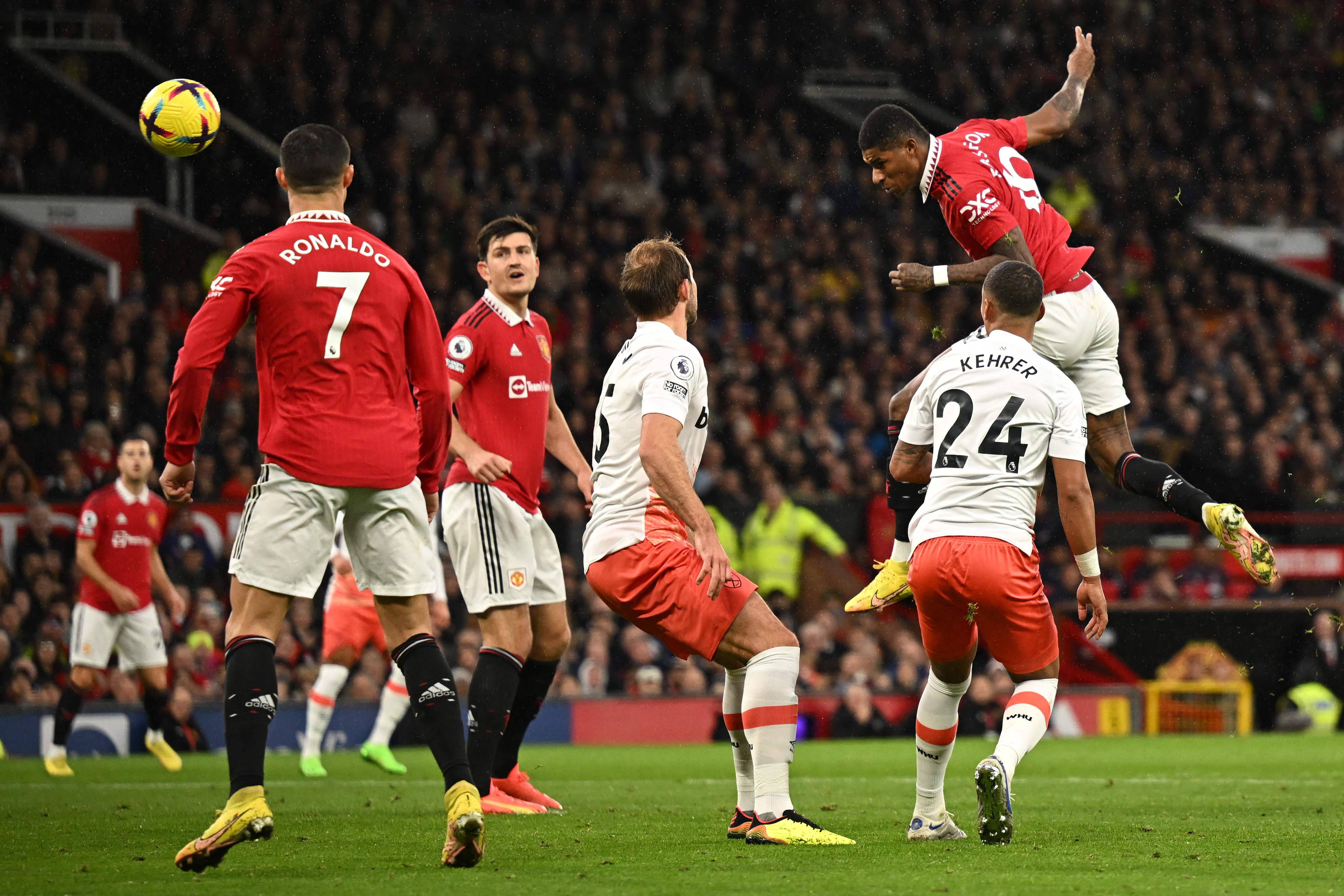 Rashford had already had one header saved before nodding in his 100th goal for the club