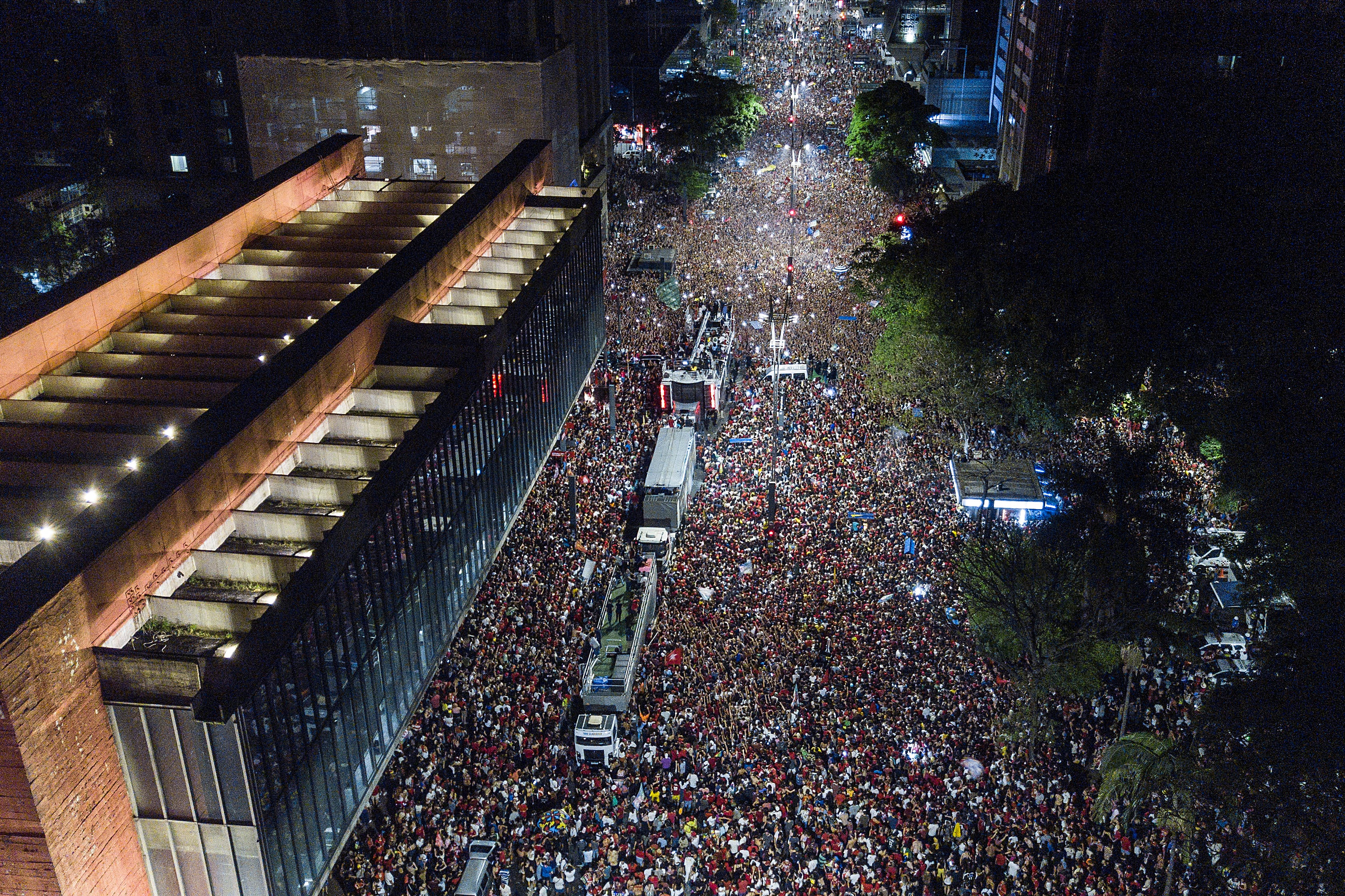 Supporters of former Brazilian President Luiz Inacio Lula gather on Paulista Av. after he defeated incumbent Jair Bolsonaro