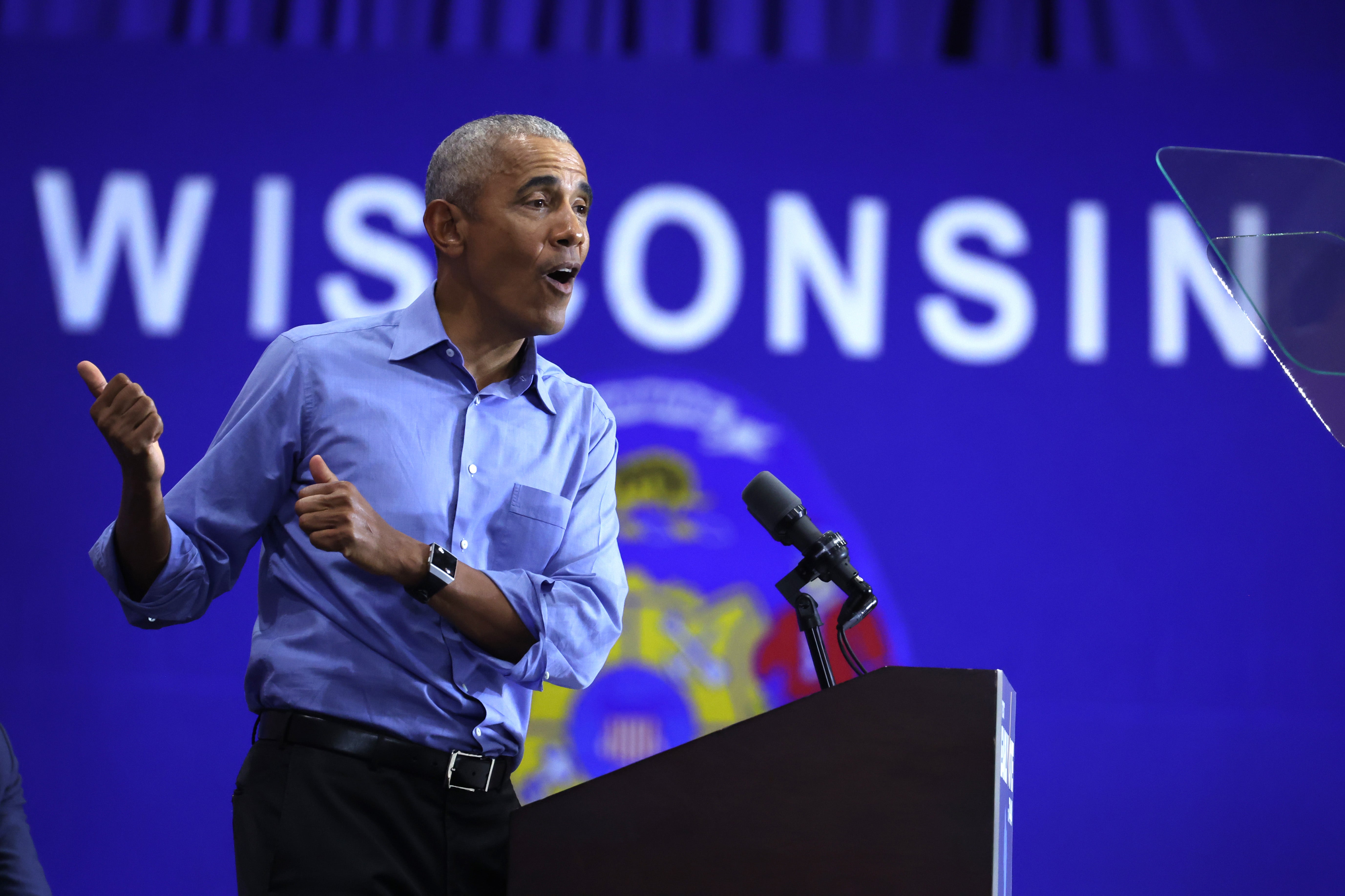 Former President Barack Obama speaks at a rally for Senate candidate Mandela Barnes in Wisconsin on 29 October 2022