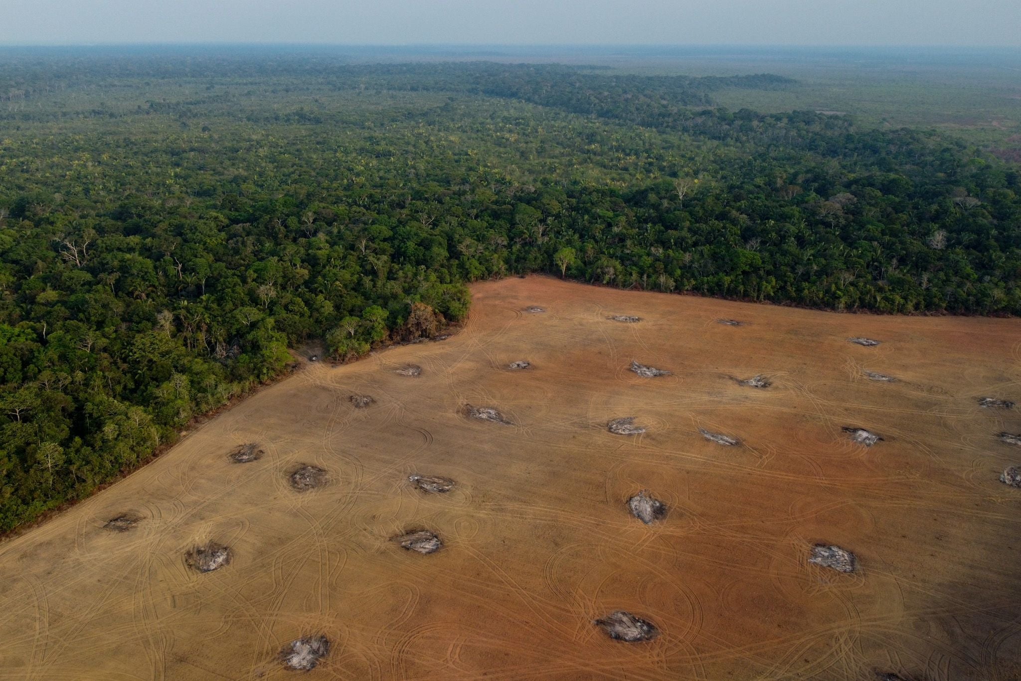 An aerial shot of a deforested area of the Amazon rainforest taken in September