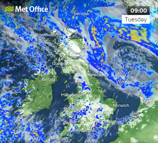 Britons have been warned to expect a wet start to Tuesday