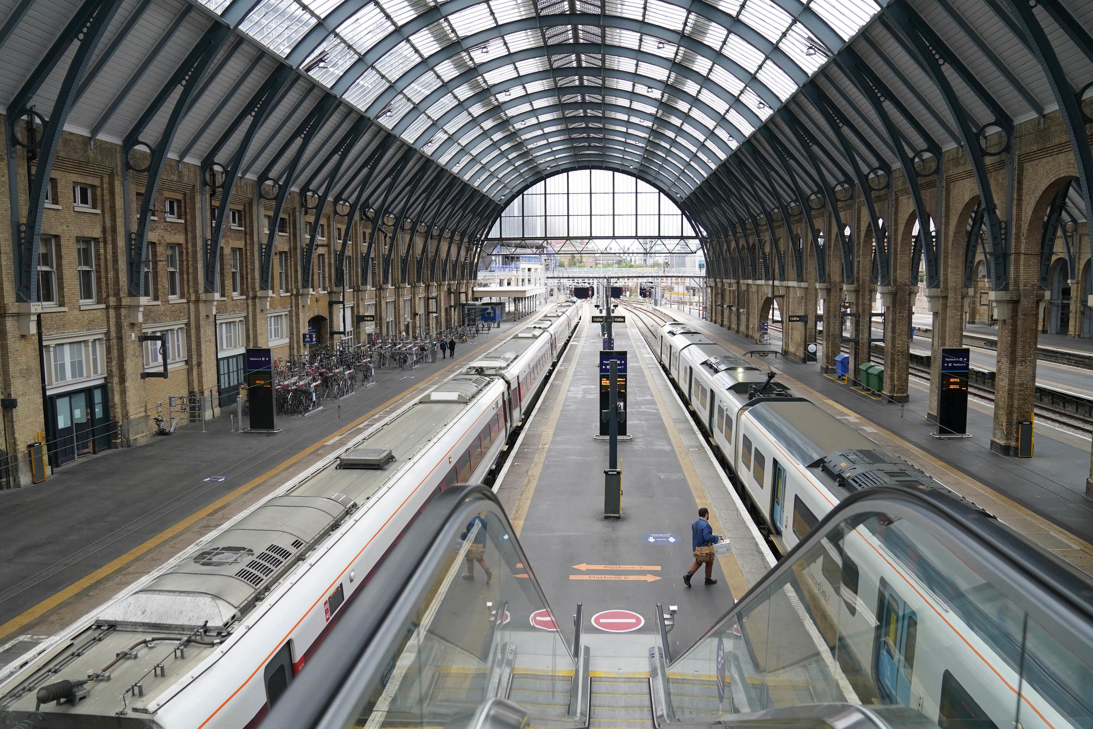 Empty platform and stationary trains at Kings Cross station in London, as members of the drivers’ union Aslef and the Transport Salaried Staffs Association (TSSA) go on strike. Picture date: Wednesday October 5, 2022.