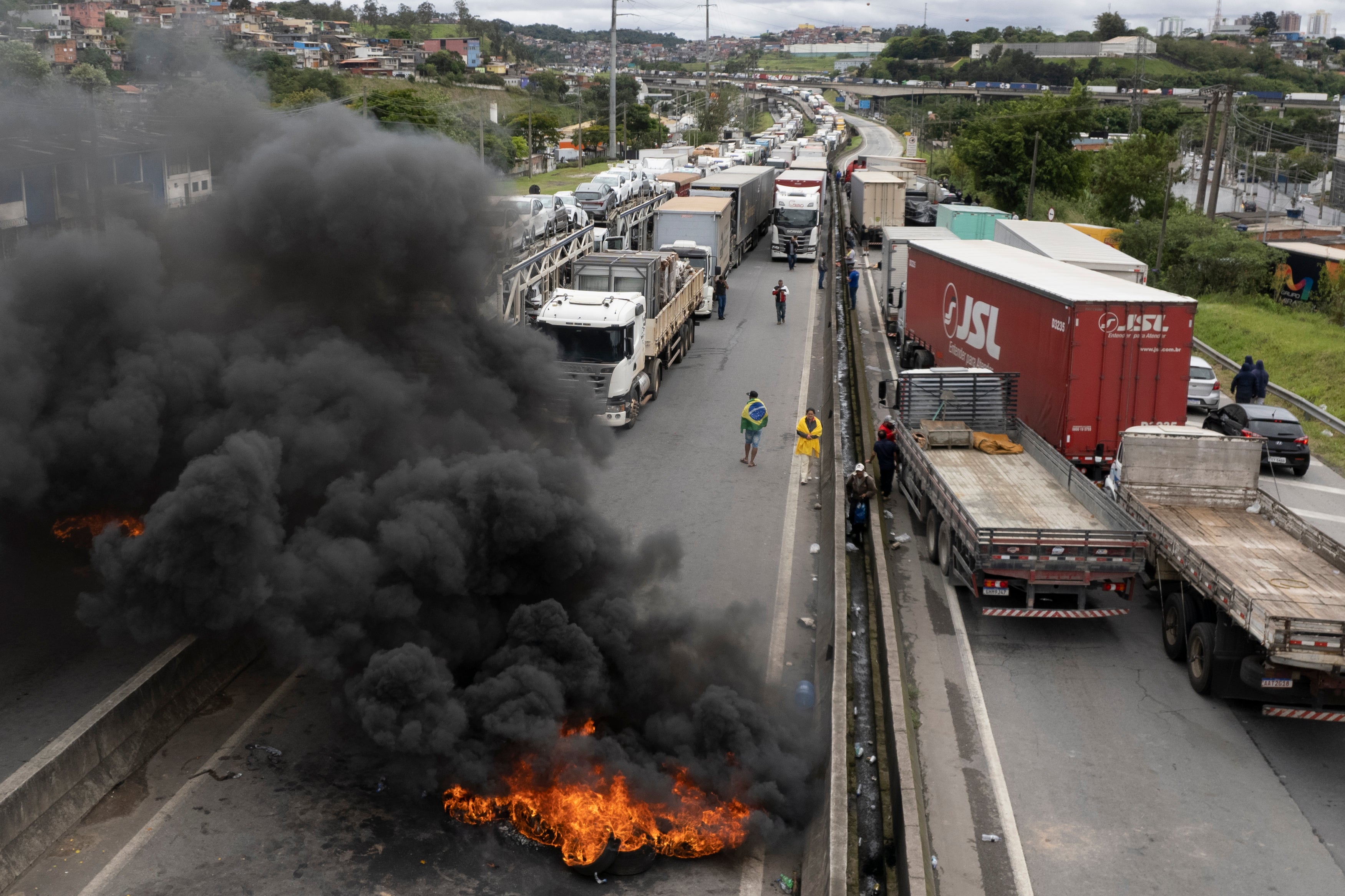 Pro-Bolsonaro truckers block a highway near Sao Paulo, Brazil on Tuesday