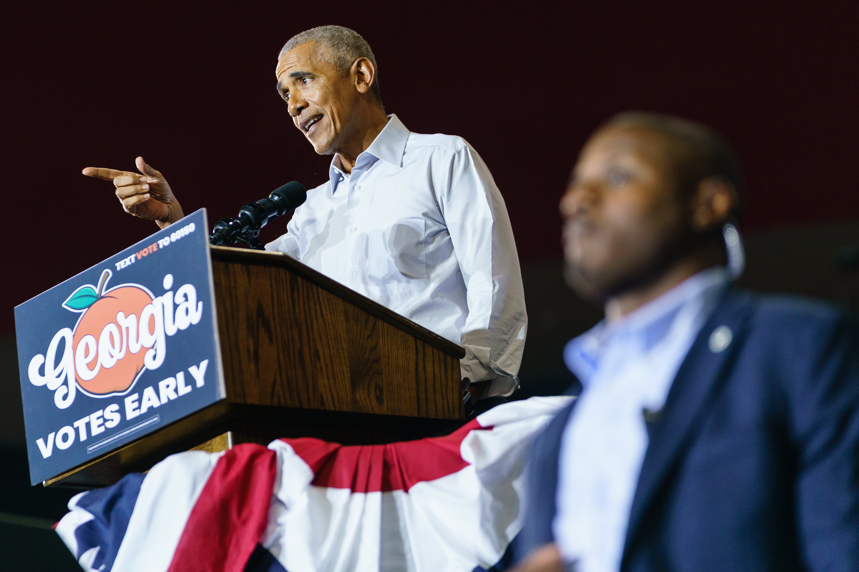 Former President Barack Obama speaks at a campaign event for Georgia Democrats on October 28, 2022 in College Park, Georgia. Obama is in Georgia in support of Democratic candidates, encouraging voters to turn out. (Photo by Elijah Nouvelage/Getty Images)