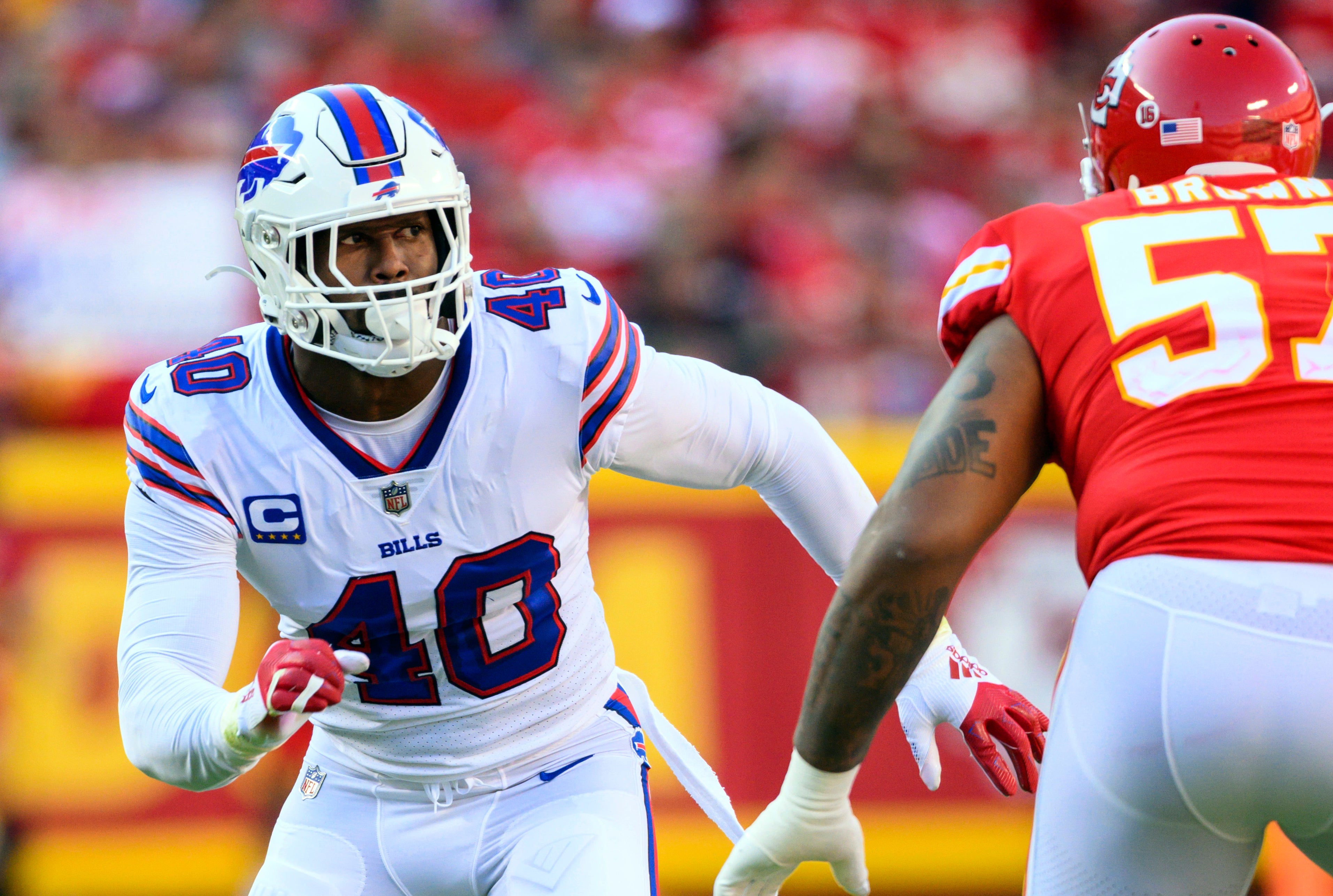 Buffalo Bills linebacker Von Miller rushes against Kansas City Chiefs