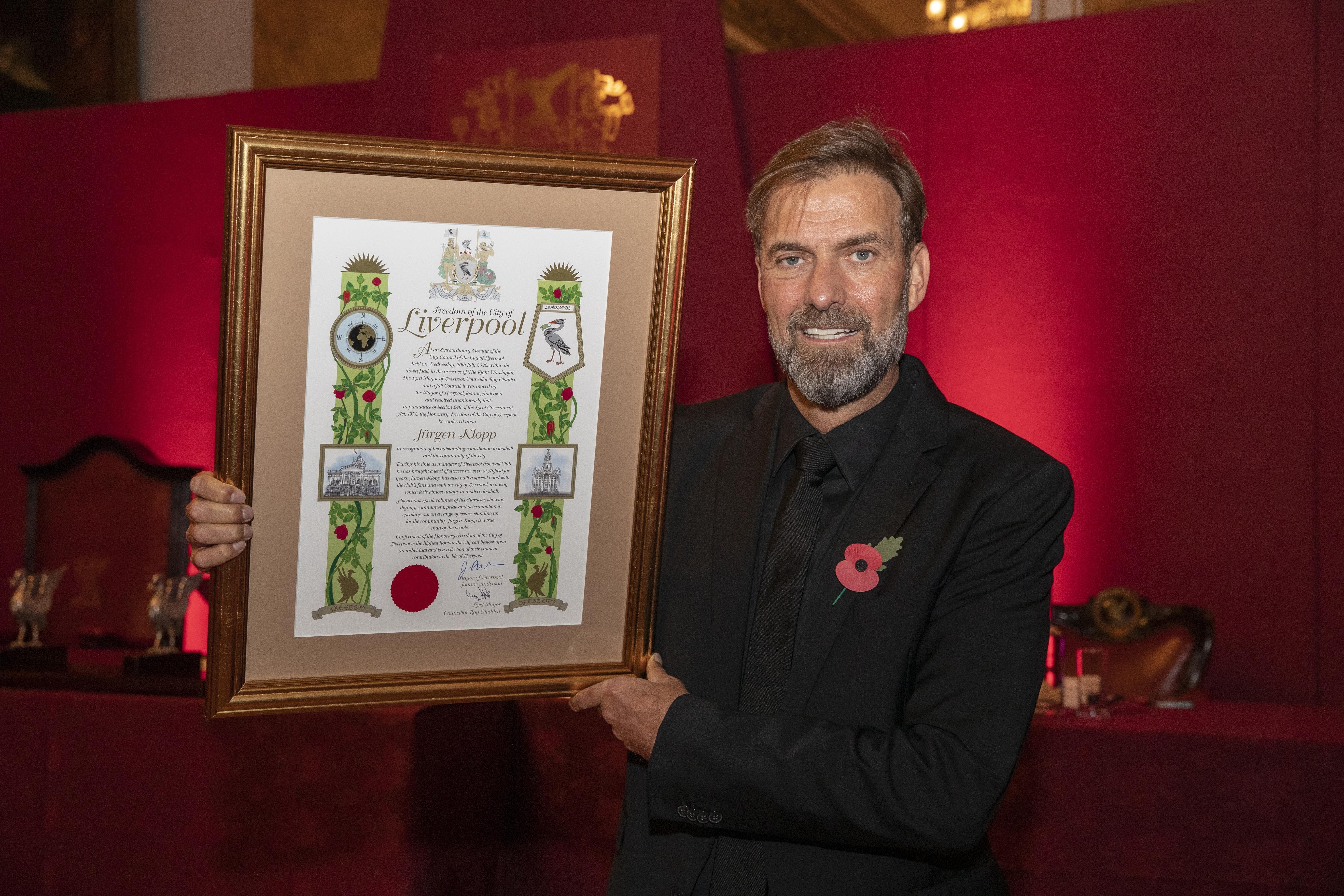 Liverpool manager Jurgen Klopp admits he was humbled to receive the Freedom of the City of Liverpool (Jason Roberts/PA)