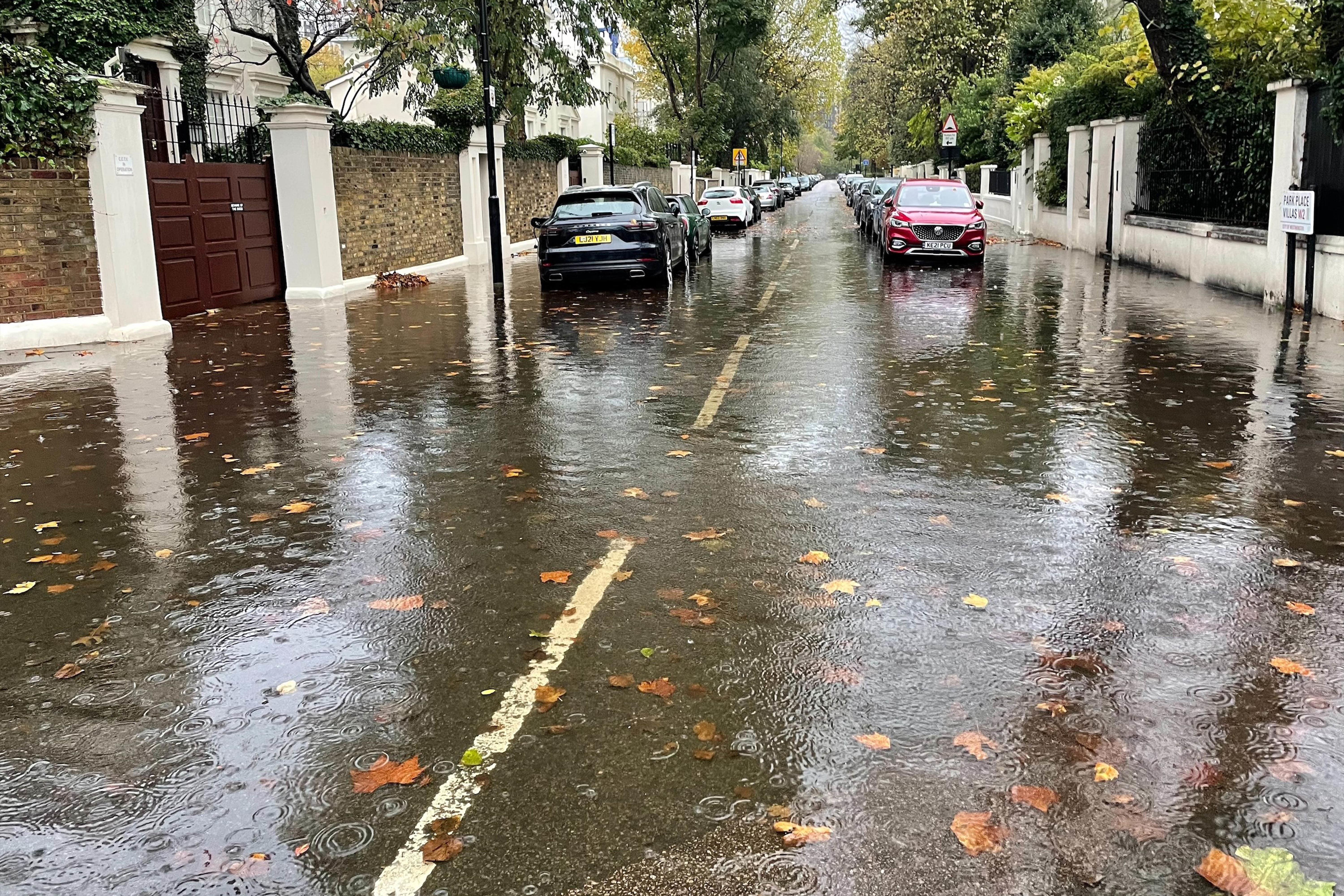 A street in Maida Vale, London, part of which is flooded due to heavy overnight rain (Laura Parnaby/PA)