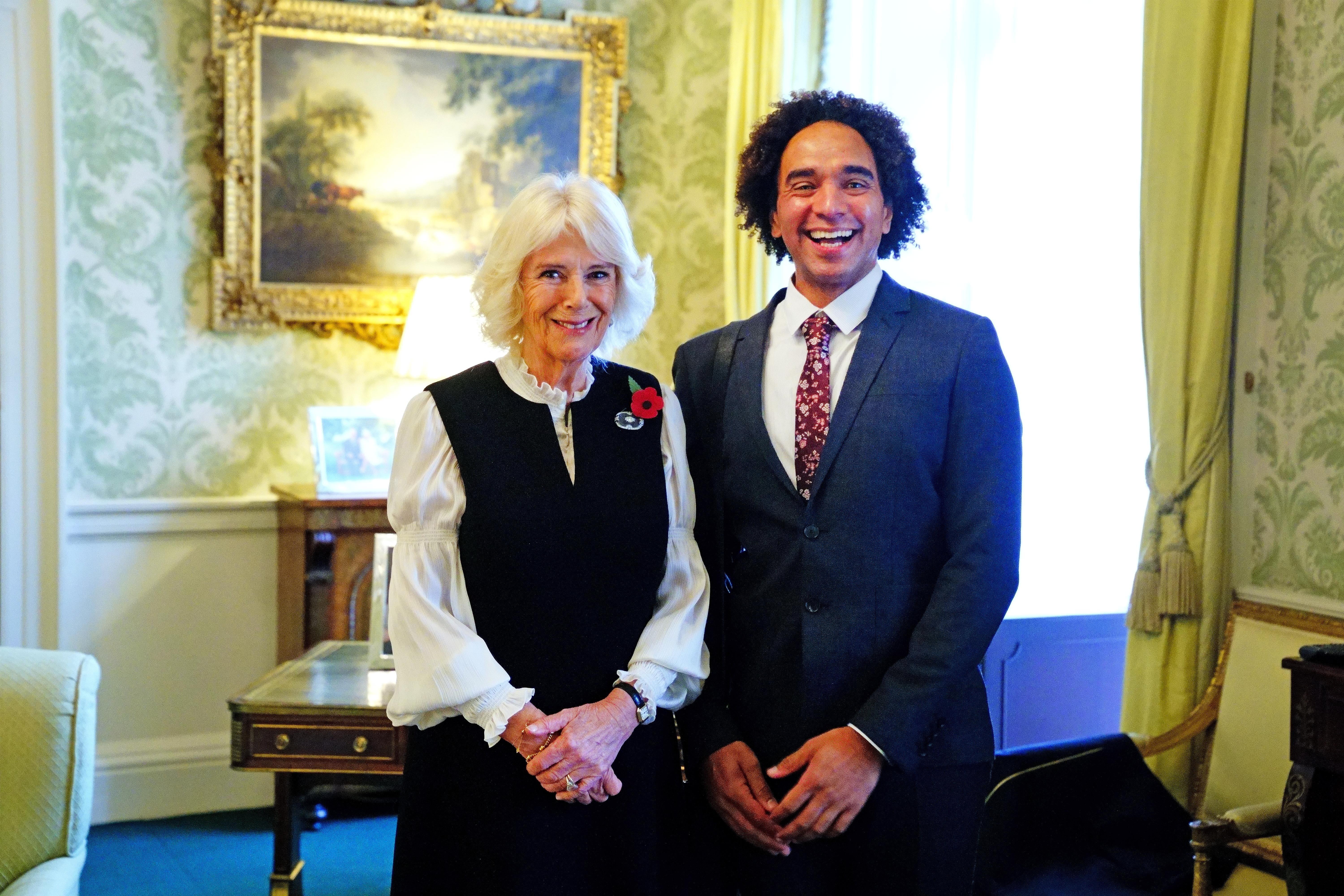 The Queen Consort undertakes her first audience with Children’s Laureate Joseph Coelho (Victoria Jones/PA)