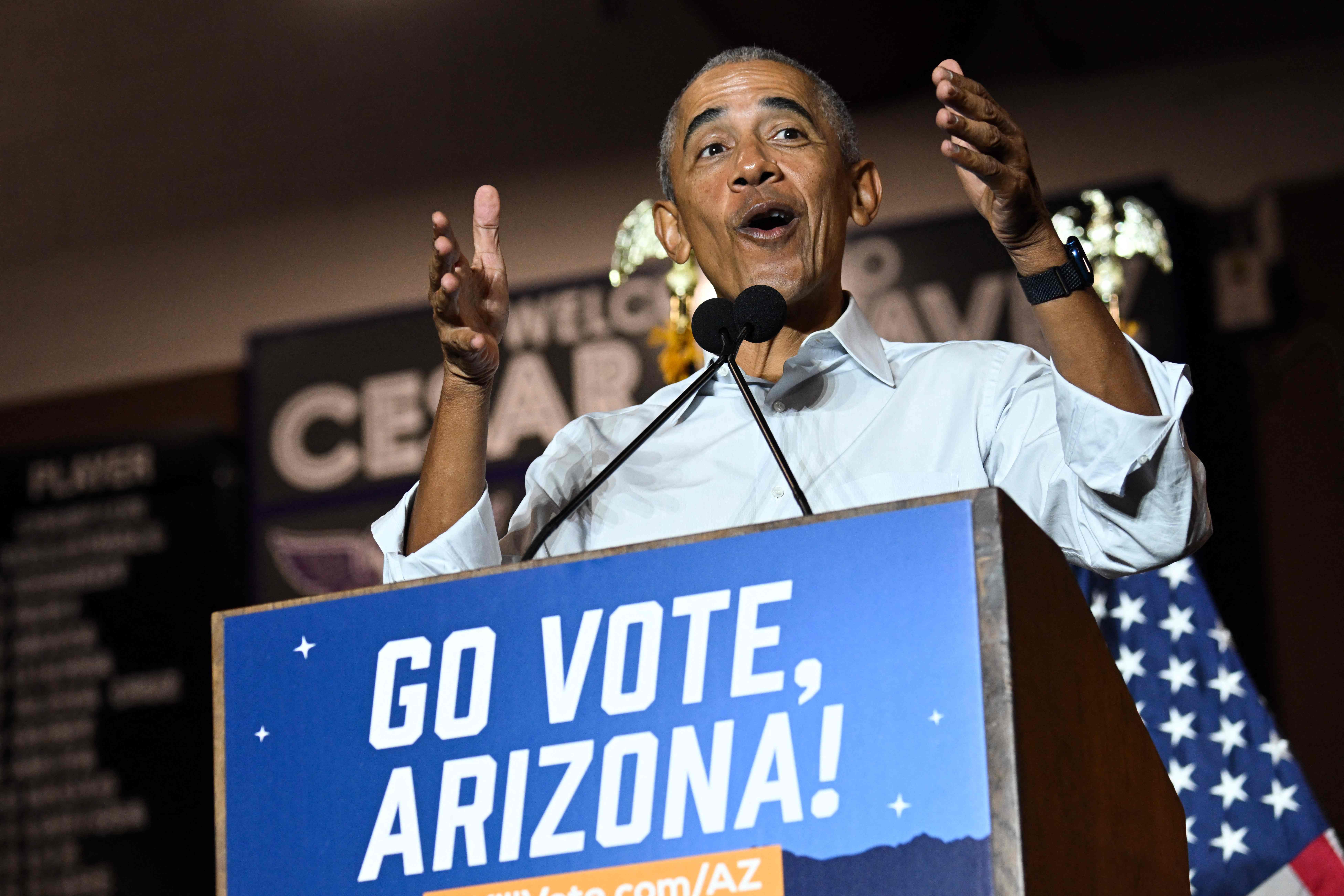 Former US President Barack Obama speaks during a campaign event supporting US Senator Mark Kelly and Democratic Gubernatorial candidate for Arizona Katie Hobbs