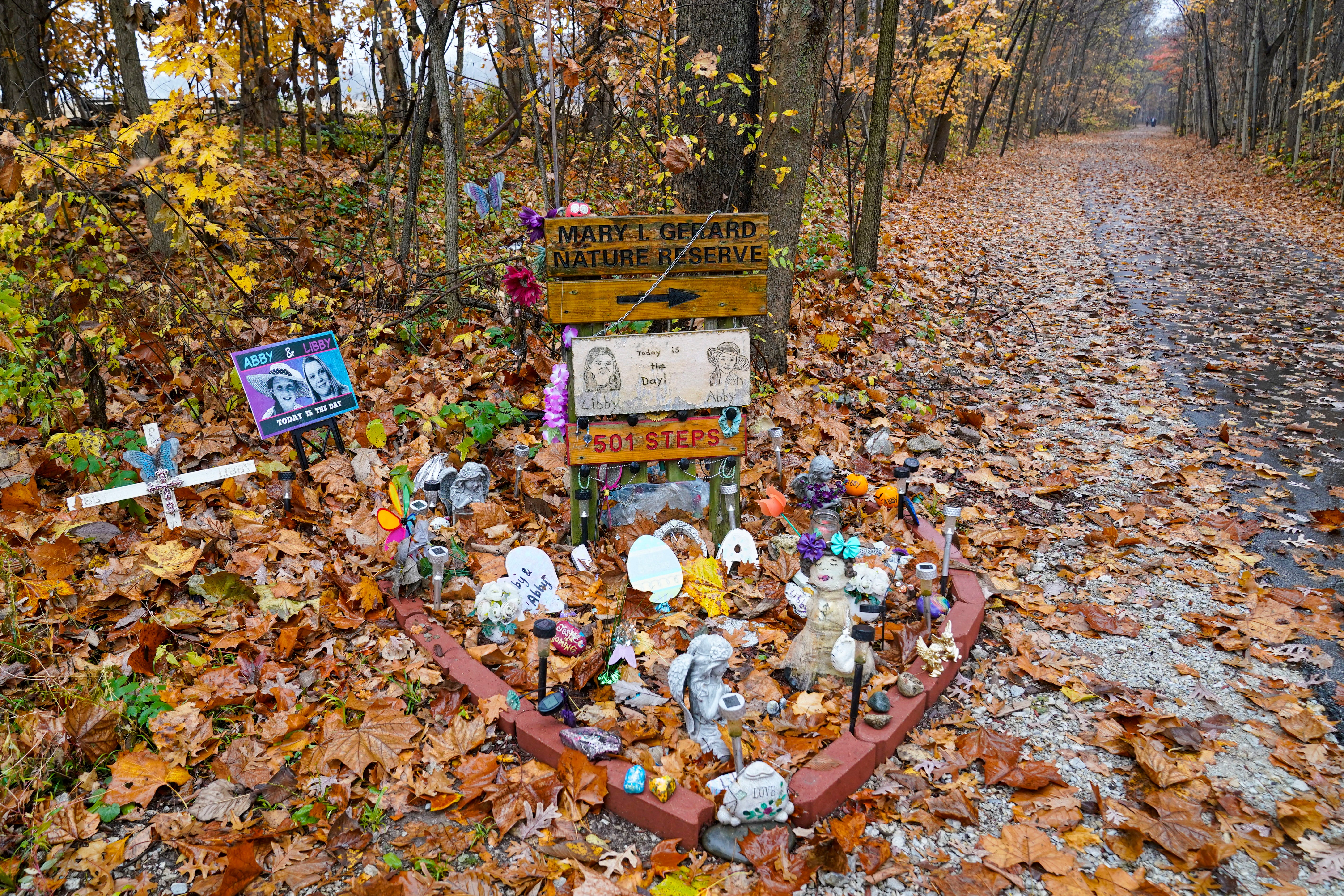 A makeshift memorial to Liberty German and Abigail Williams near where they were last seen