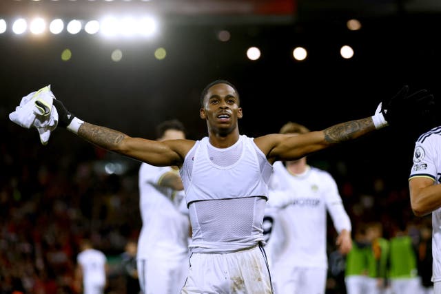 Crysencio Summerville’s match-winner at Liverpool was his second Premier League goal in as many matches (Richard Sellers/PA)