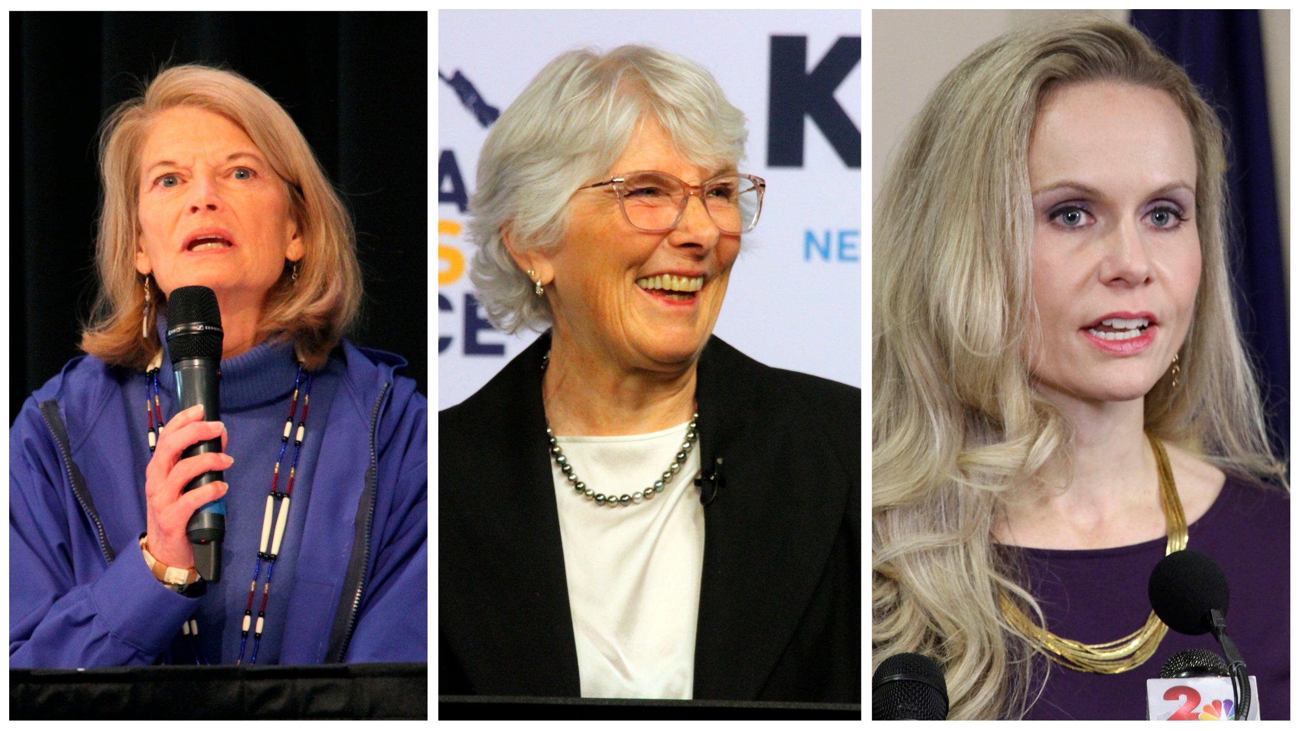 Alaska Senator Lisa Murkowski (left) is facing a challenge from Democrat Patricia Chesbro (centre) and fellow Republican Kelly Tshibaka (right)