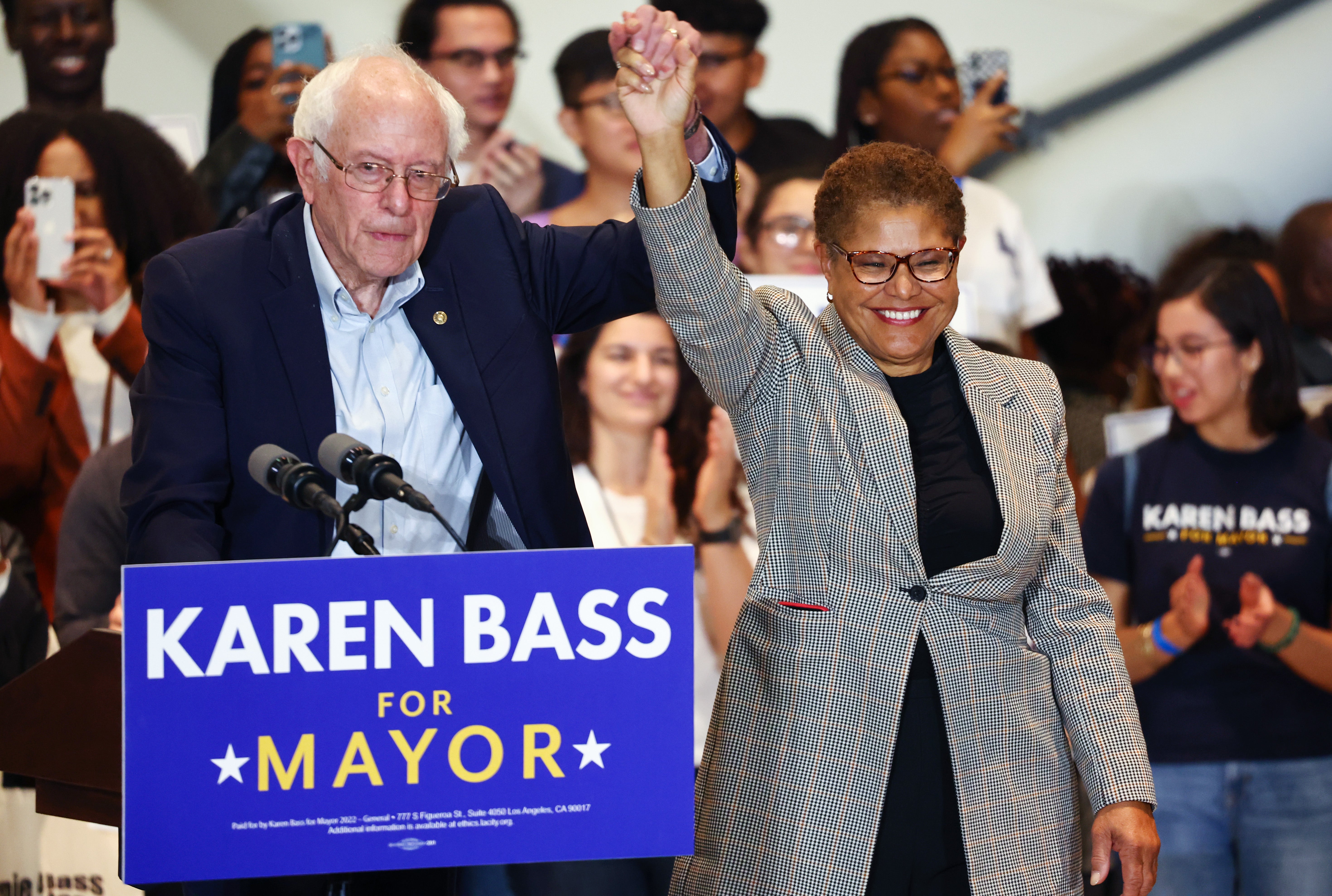 Bernie Sanders joined Los Angeles mayoral candidate Karen Bass on 27 October during a multi-state barnstorming tour for Democratic candidates.