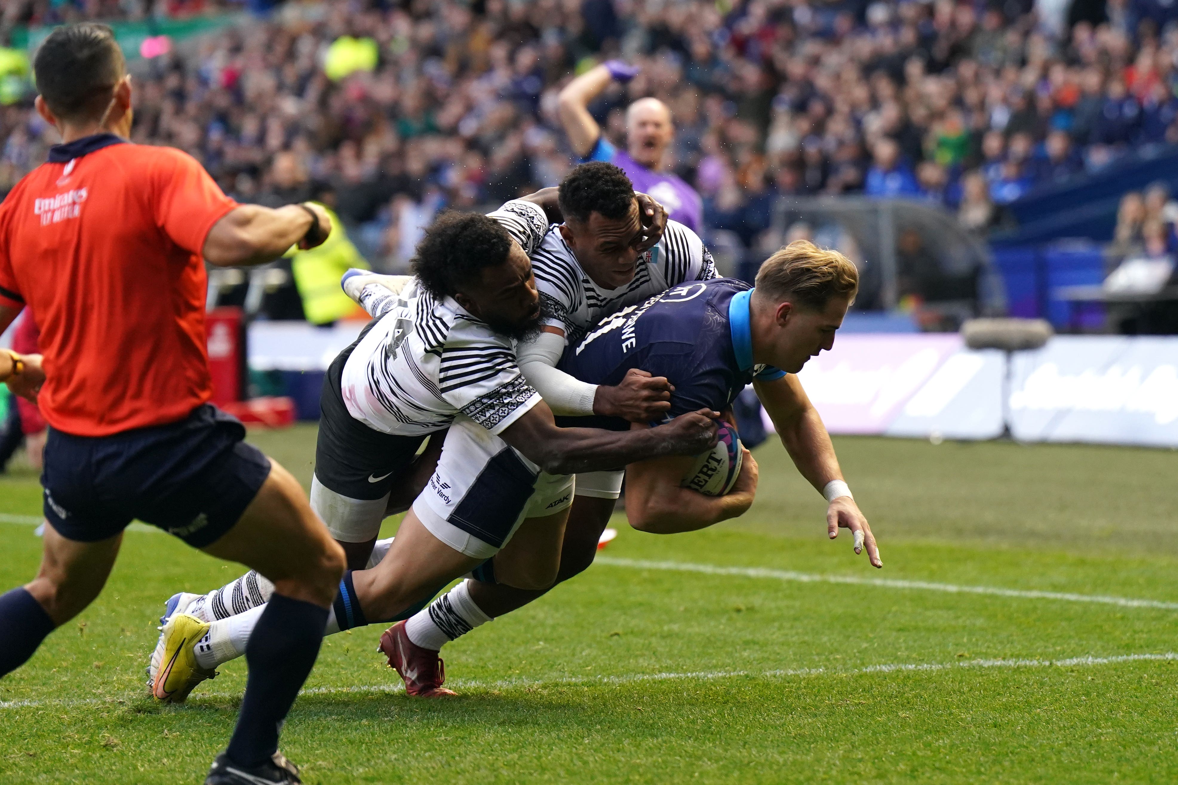 Duhan van der Merwe scores Scotland’s third try (Jane Barlow/PA)