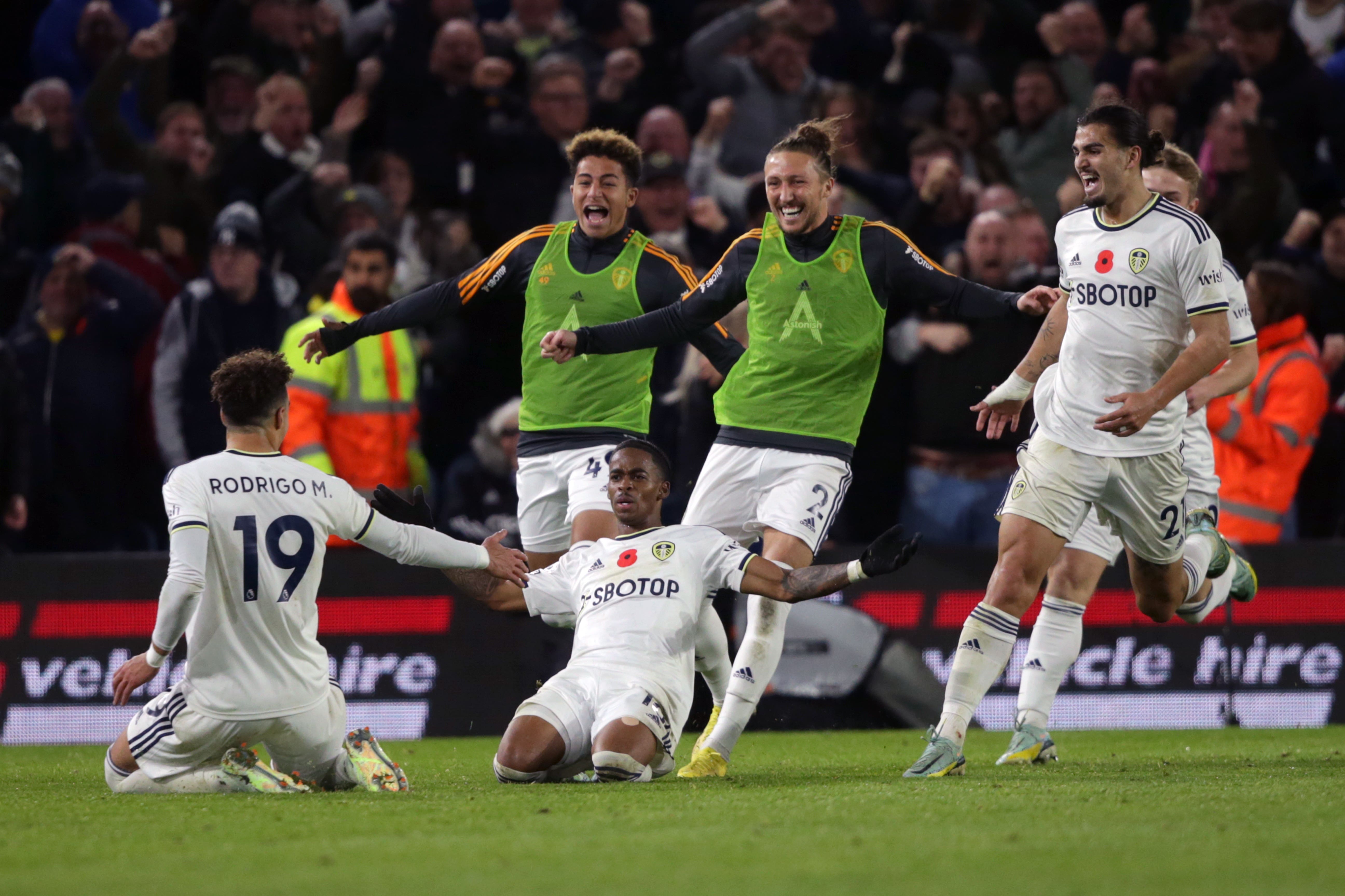 Crysencio Summerville (centre) celebrates his winning goal (Ian Hodgson/PA)