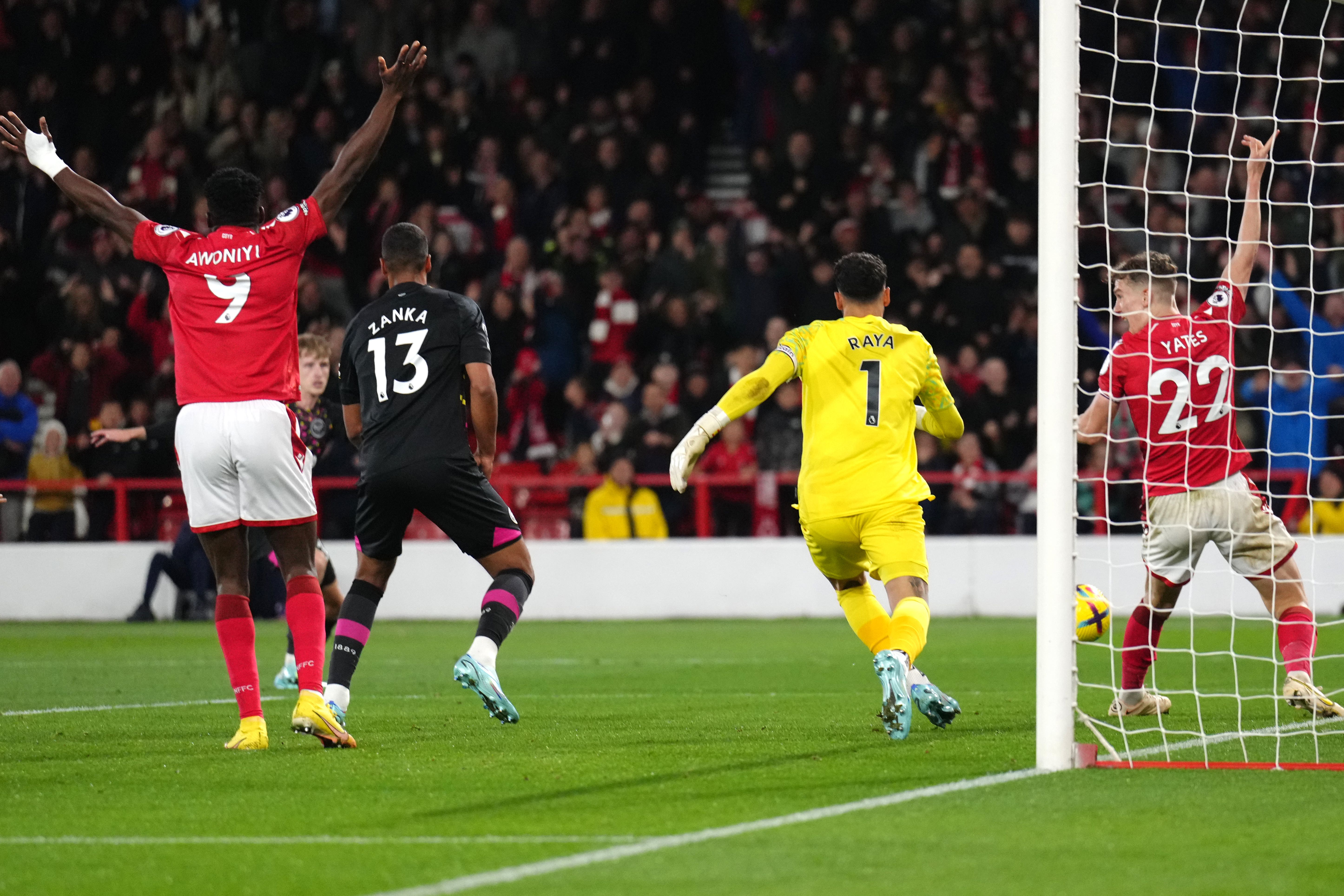 Nottingham Forest appeal to referee Andre Marriner as Brentford’s Mathias Jorgensen scores an own goal (John Walton/PA)