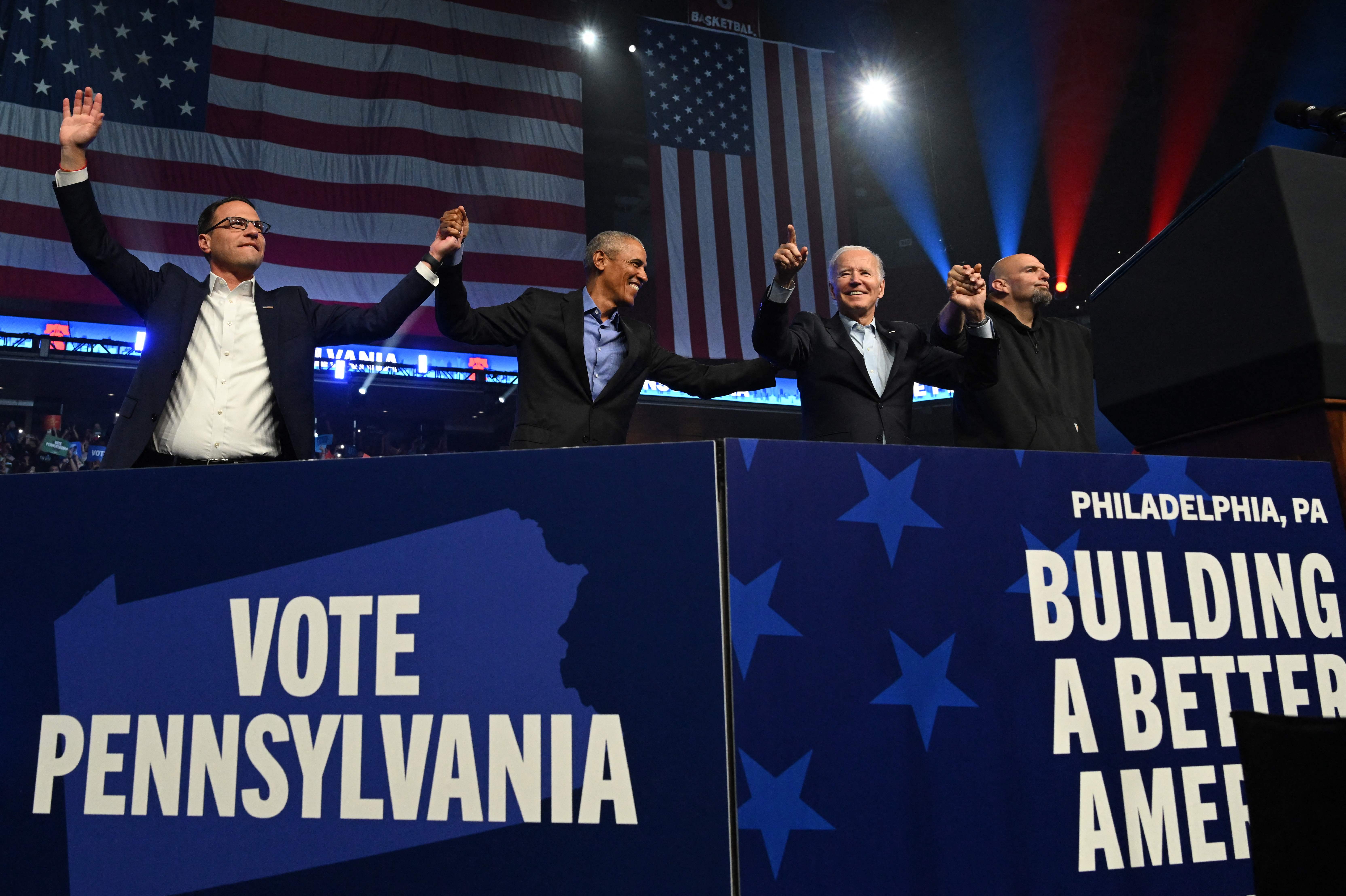 Democratic gubernatorial candidate for Pennsylvania Josh Shapiro, former President Barack Obama, President Joe Biden, and Senate candidate John Fetterman participate in a rally ahead of the midterm elections