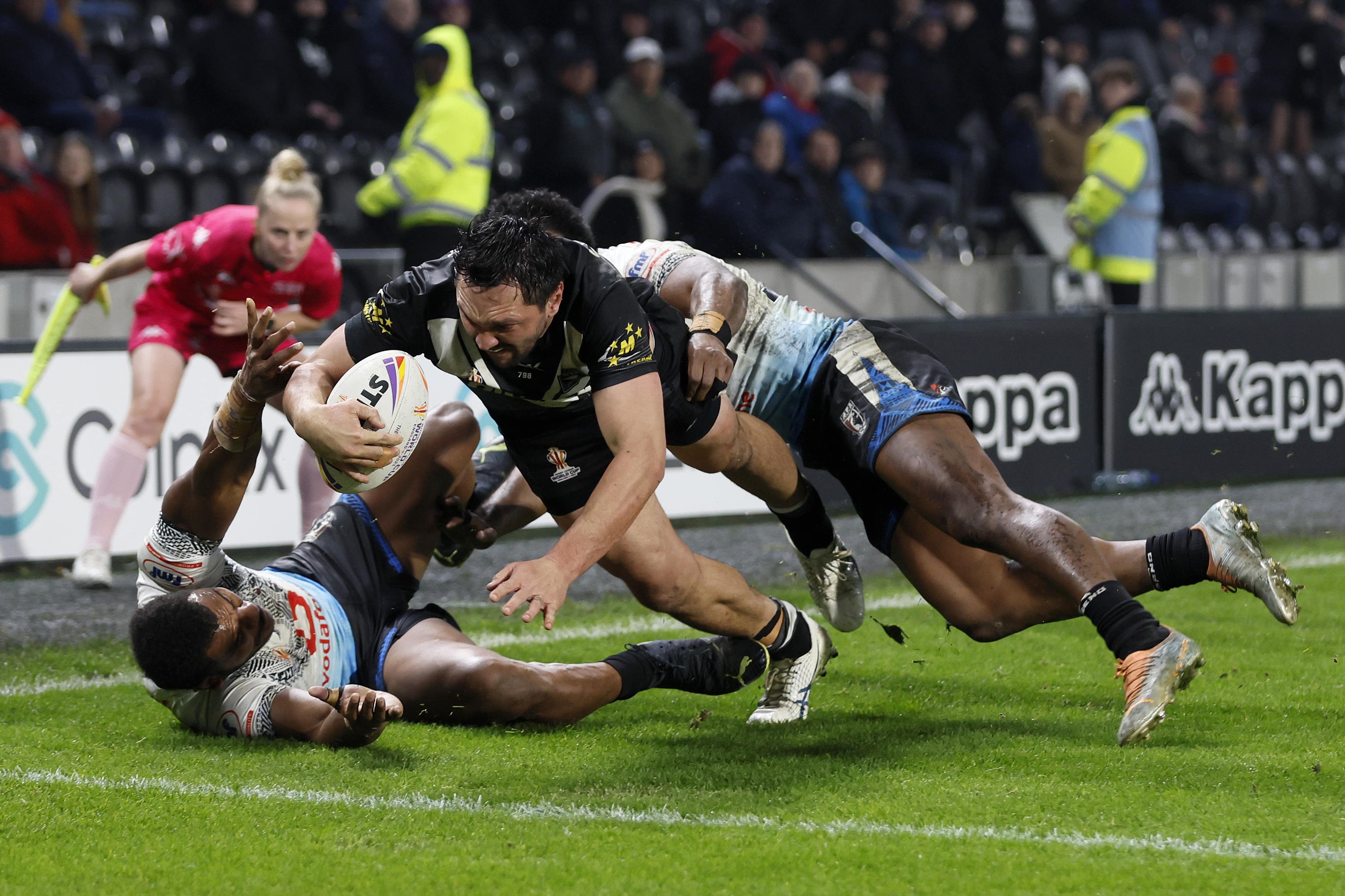 New Zealand’s Jordan Rapana scores during the Rugby League World Cup quarter final match at the MKM Stadium, Kingston upon Hull. Picture date: Saturday November 5, 2022.