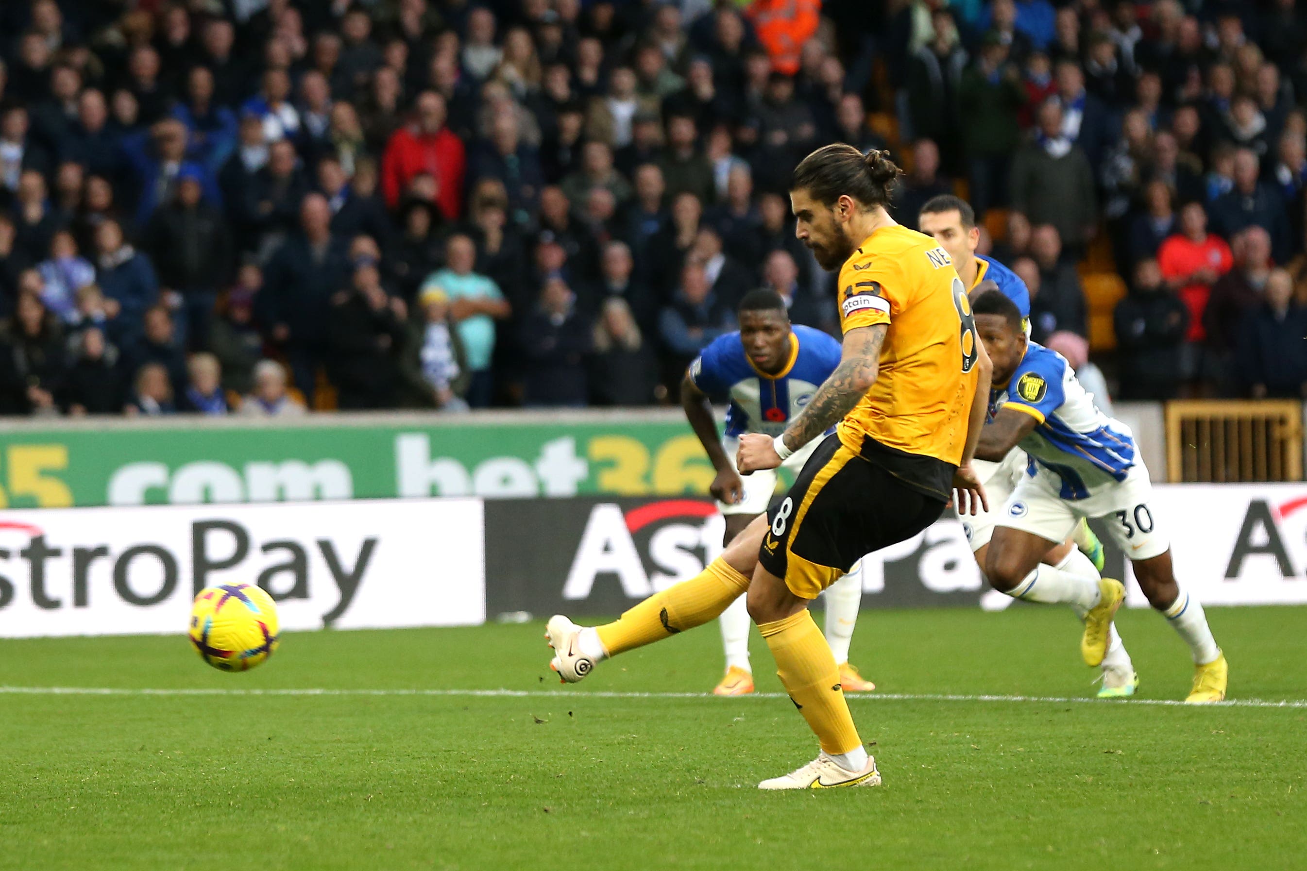 Ruben Neves’ penalty was not enough to help Wolves win. (Barrington Coombs/PA)