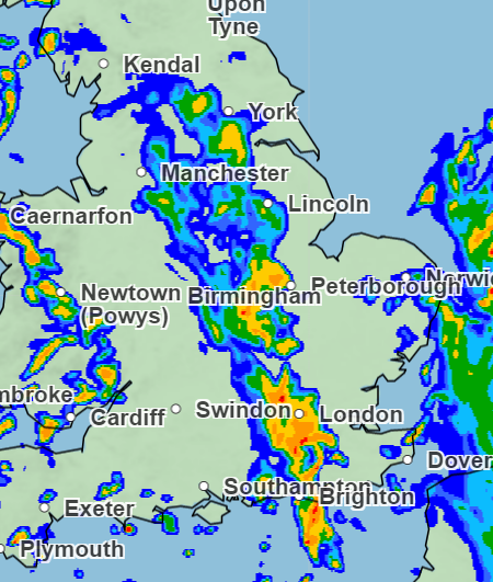 Red areas show where rainfall is likely to surpass 32mm per hour