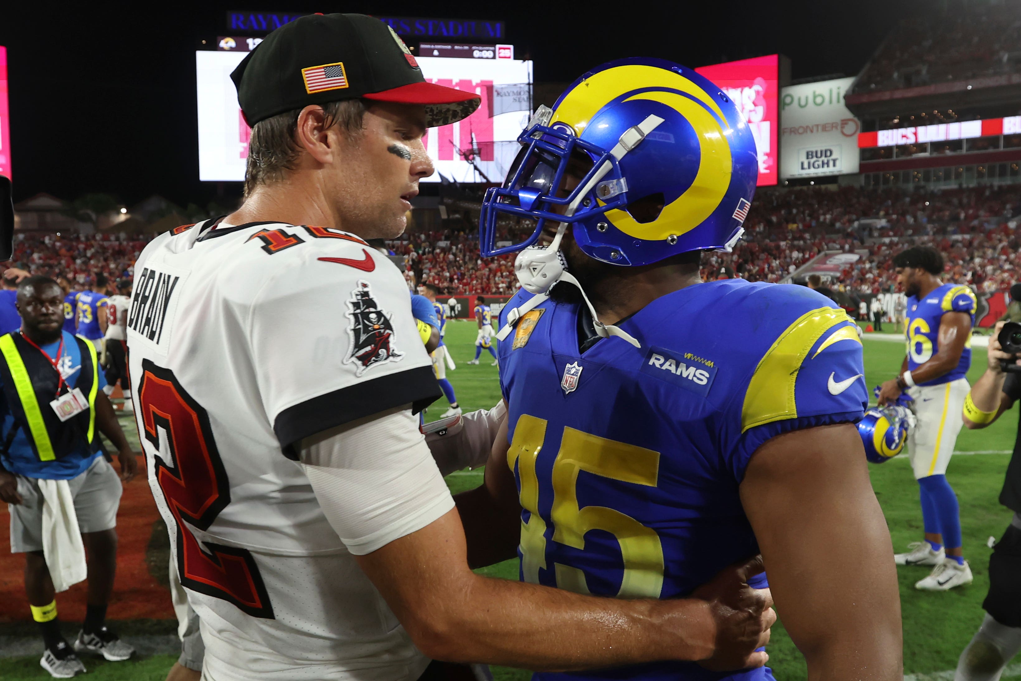 Tampa Bay Buccaneers’ Tom Brady became the first ever NFL quarterback to reach 100,000 career passing yards during the team’s victory over the Los Angeles Rams on Sunday (Mark LoMoglio/AP)