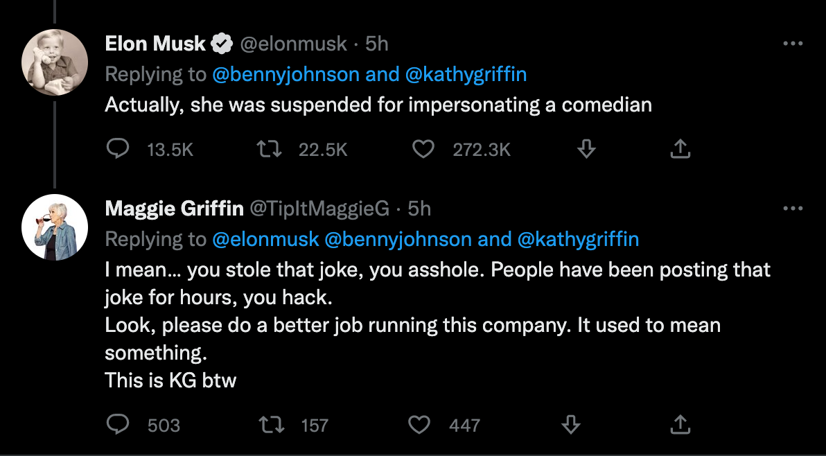 Kathy Griffin mocks Elon Musk for ‘stealing’ other the same joke shared by other Twitter users