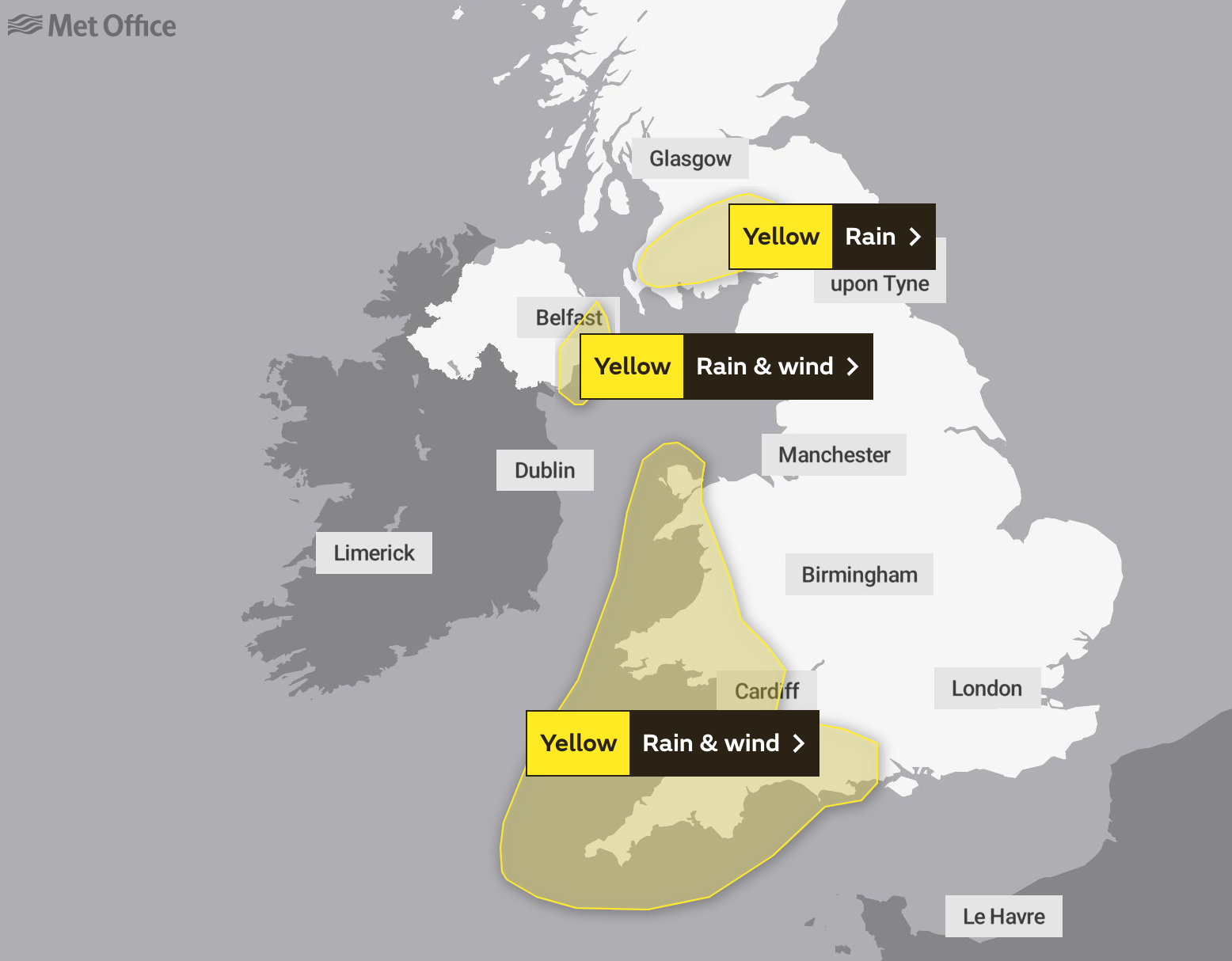 Map showing the yellow weather warning locations on Monday