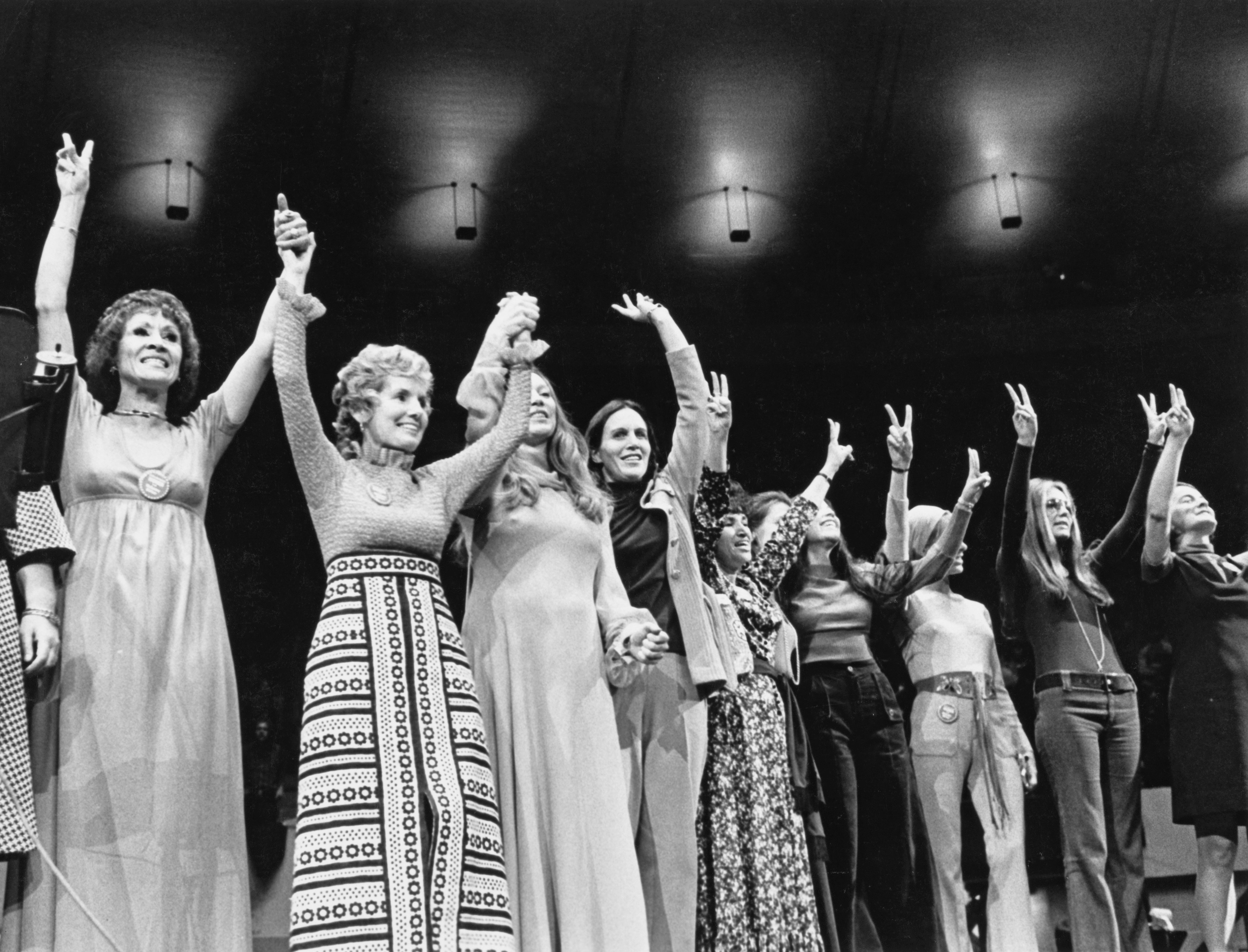 Steinem (second right) at a rally for Democrat George McGovern’s presidential campaign in 1972 at Madison Square Garden in New York City