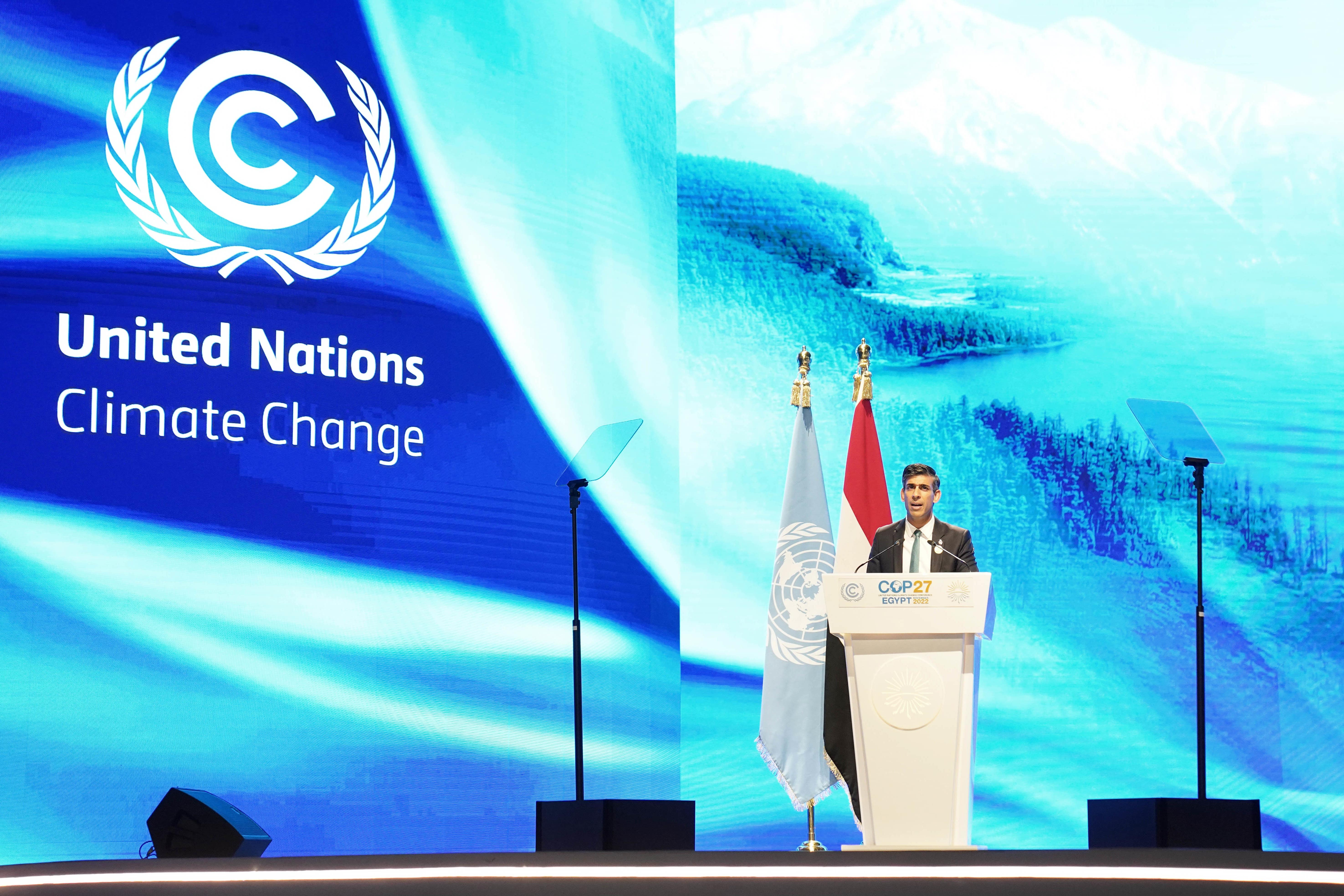 Prime Minister Rishi Sunak addresses delegates during the Cop27 summit at Sharm El-Sheikh, Egypt (Stefan Rousseau/PA)