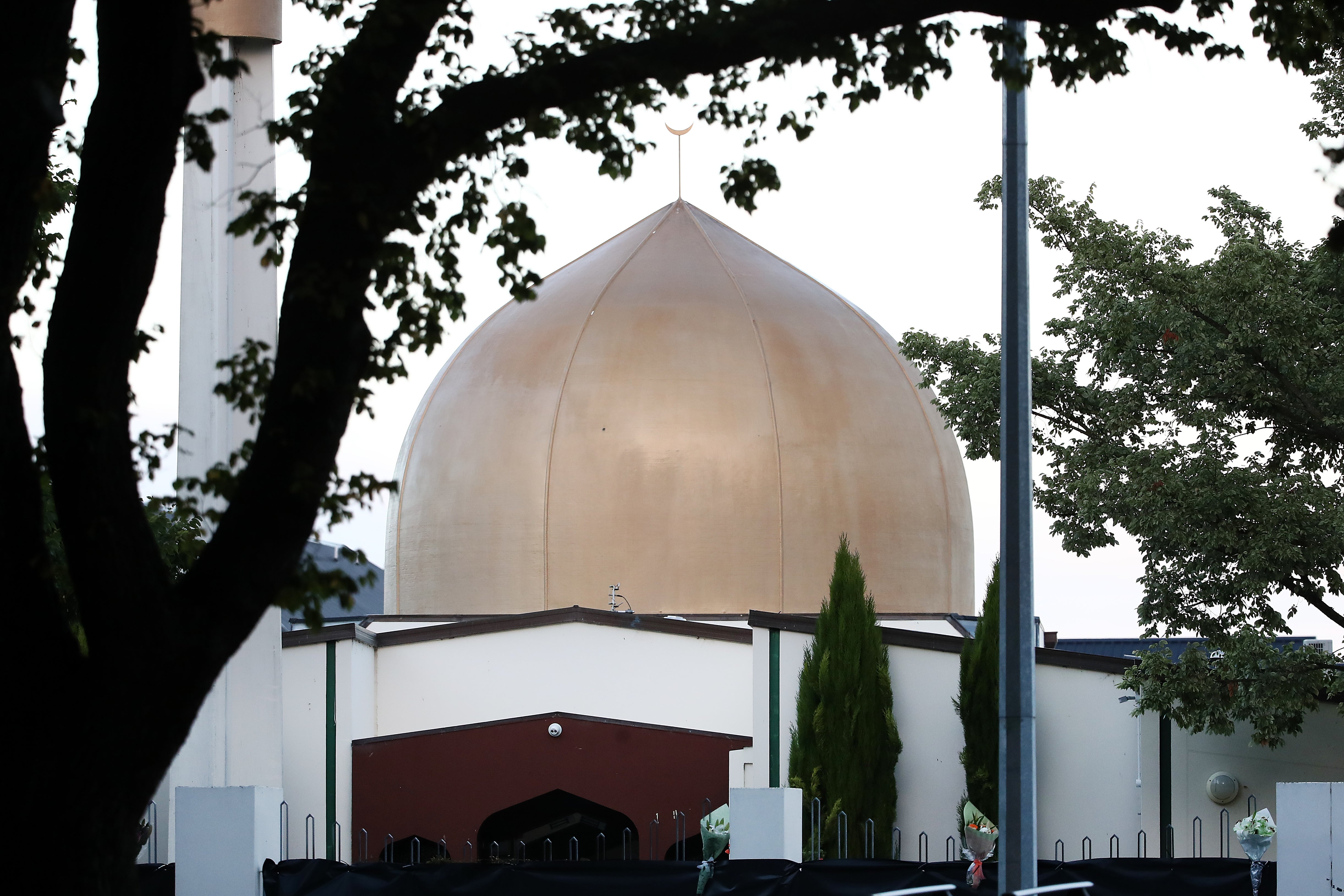 Flowers left outside the Al Noor mosque in Christchurch after the shooting