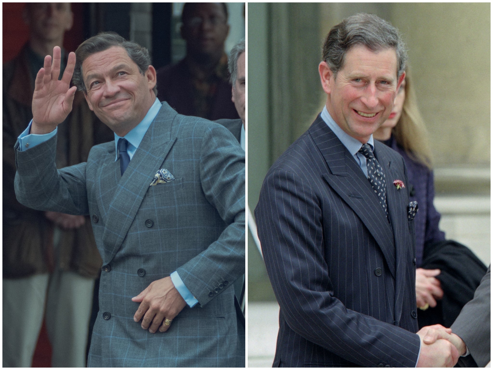 Dominic West (left) and King Charles III