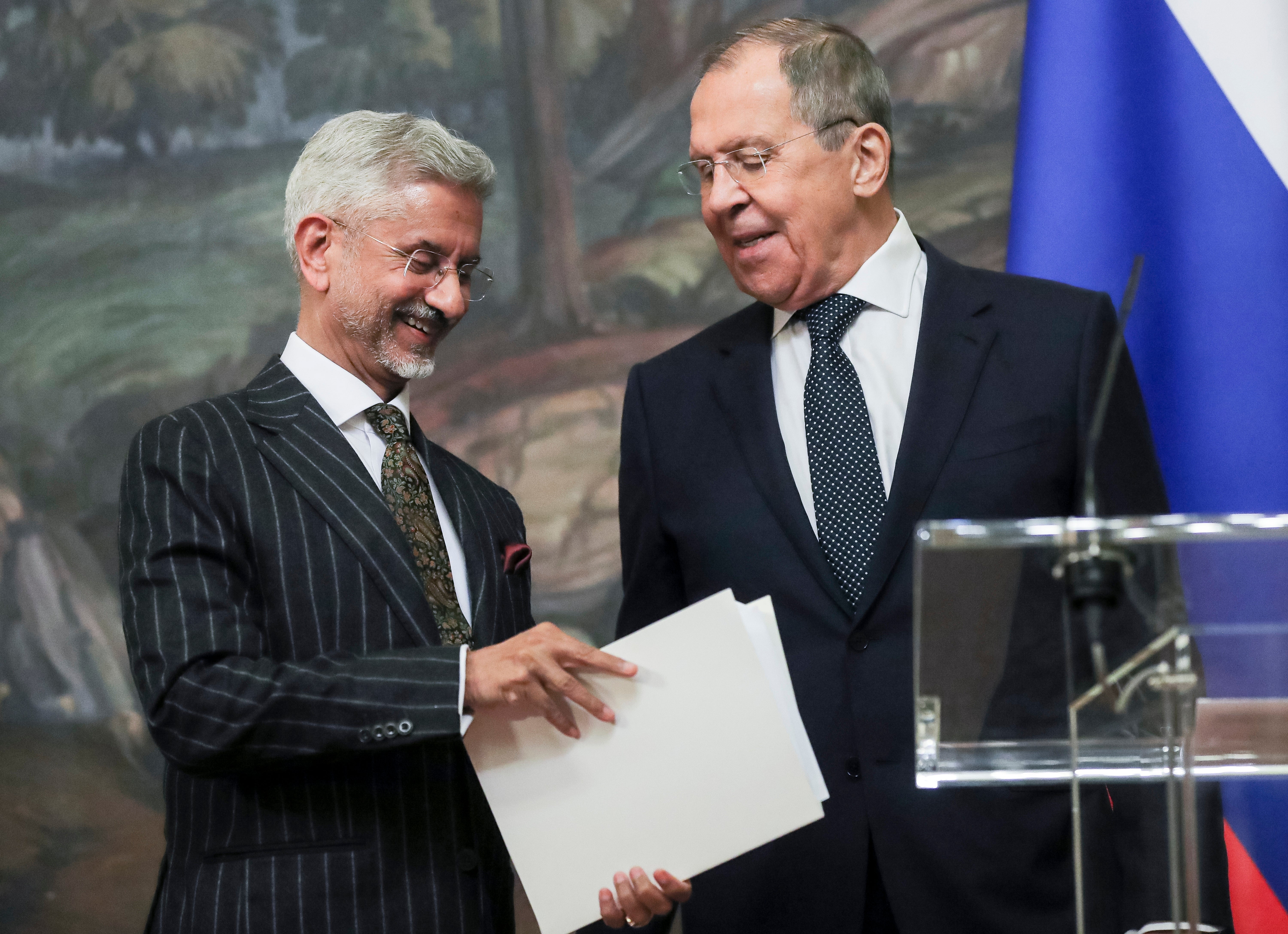 Indian foreign minister S Jaishankar, left, with his Russian counterpart Sergei Lavrov