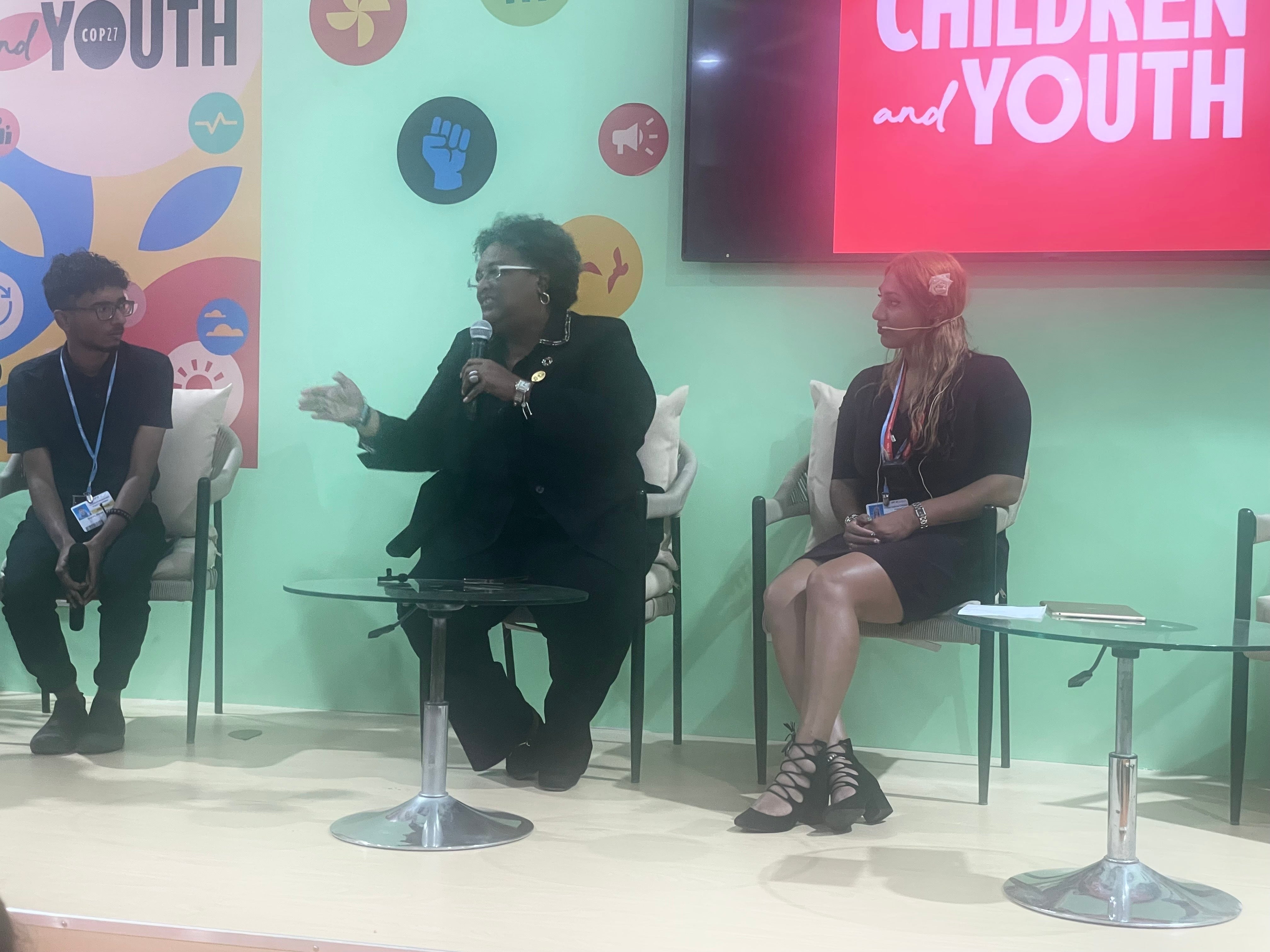 Barbados prime minister Mia Mottley speaks to youth activists on Tuesday at the first ever youth and children’s space at Cop27