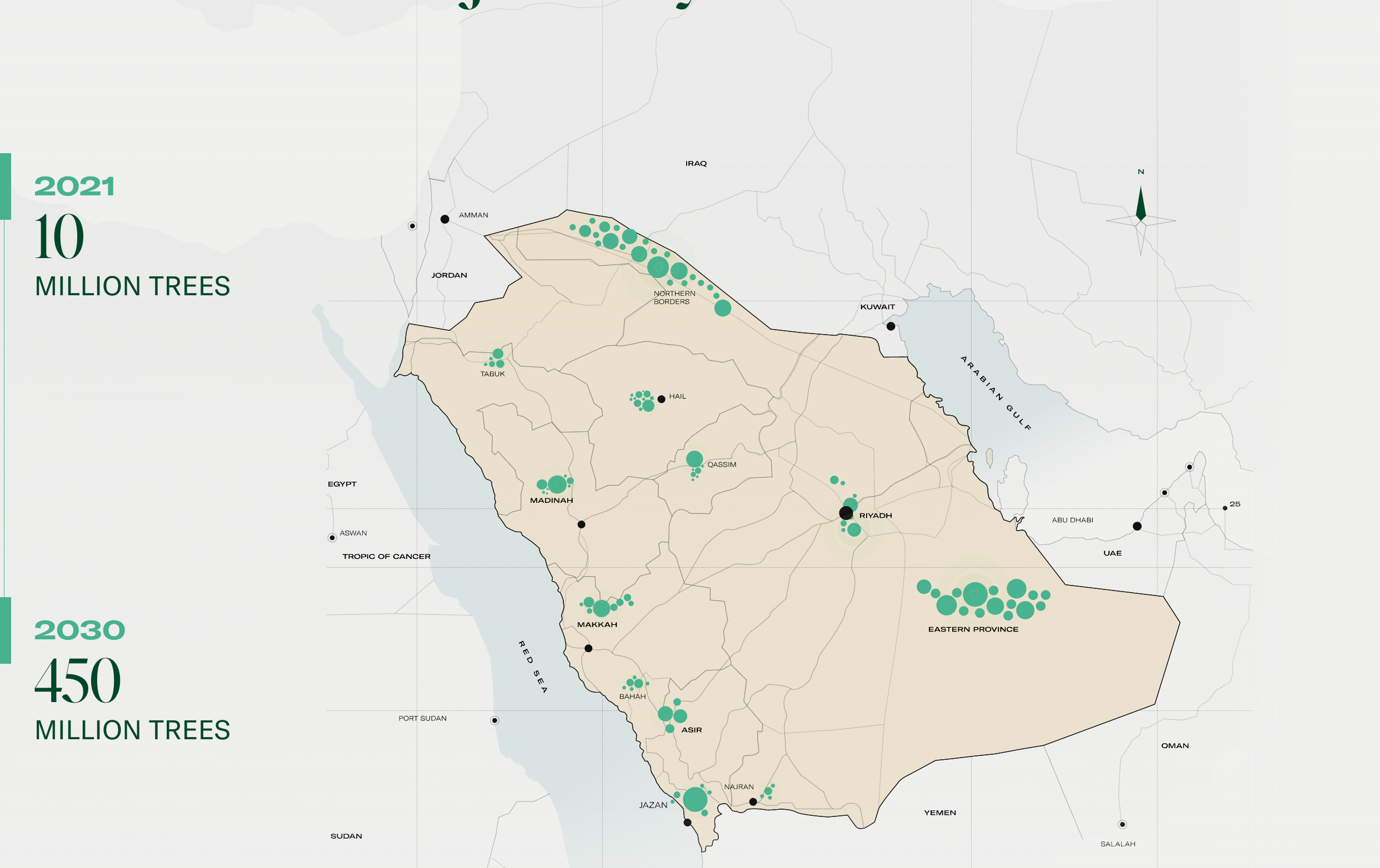 Tree planting initiatives will be implemented over several years, with 450 million trees and shrubs expected to be planted by 2030 in Saudi Arabia alone