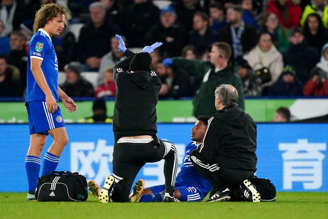 James Justin was carried off in Leicester’s win over Newport (Mike Egerton/PA)