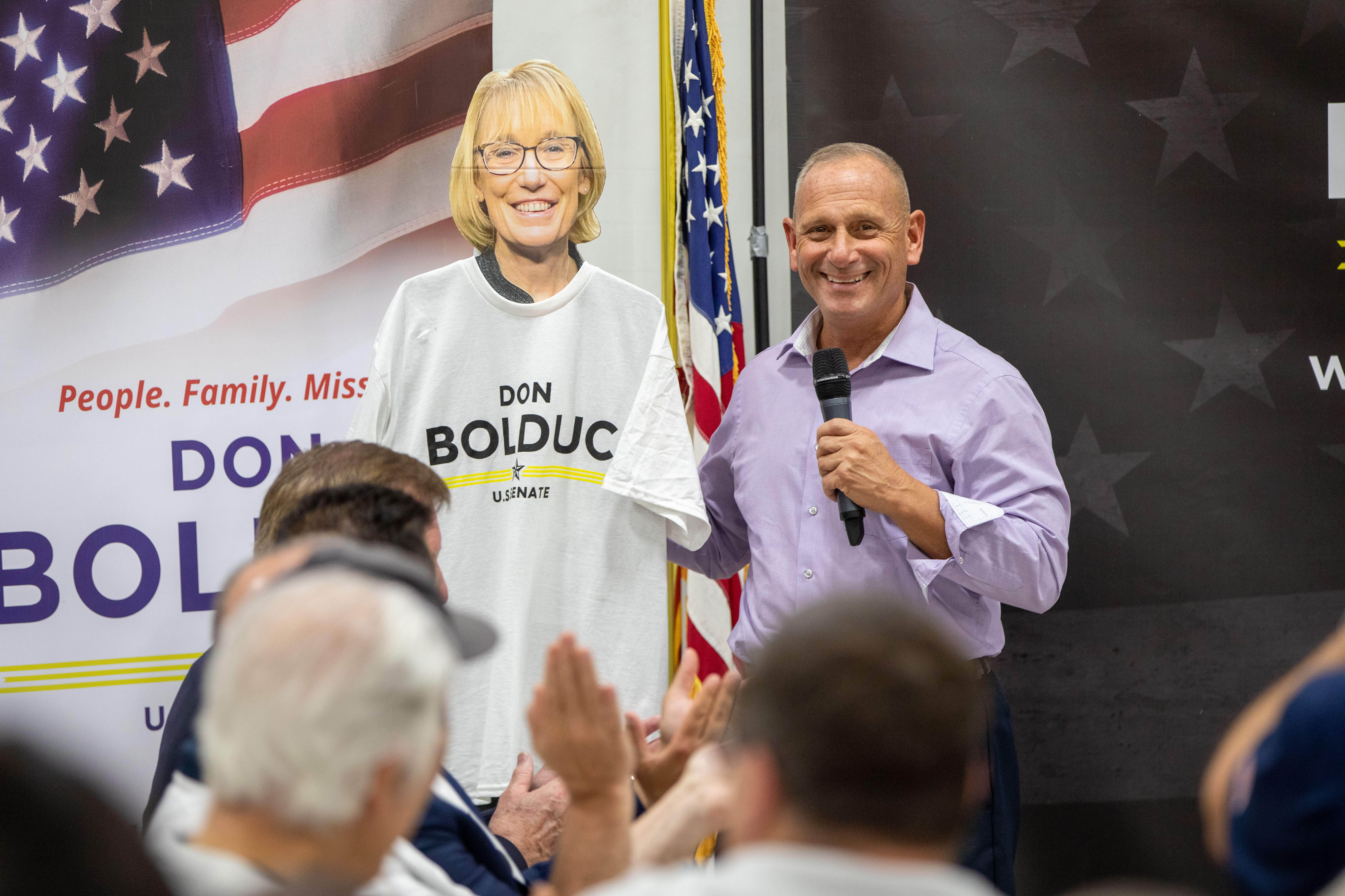 U.S. Republican Senate candidate Don Bolduc stands next to a life-size cutout of his opponent, U.S. Senator Maggie Hassan (D-NH) during a campaign event on November 06, 2022 in Salem, New Hampshire.