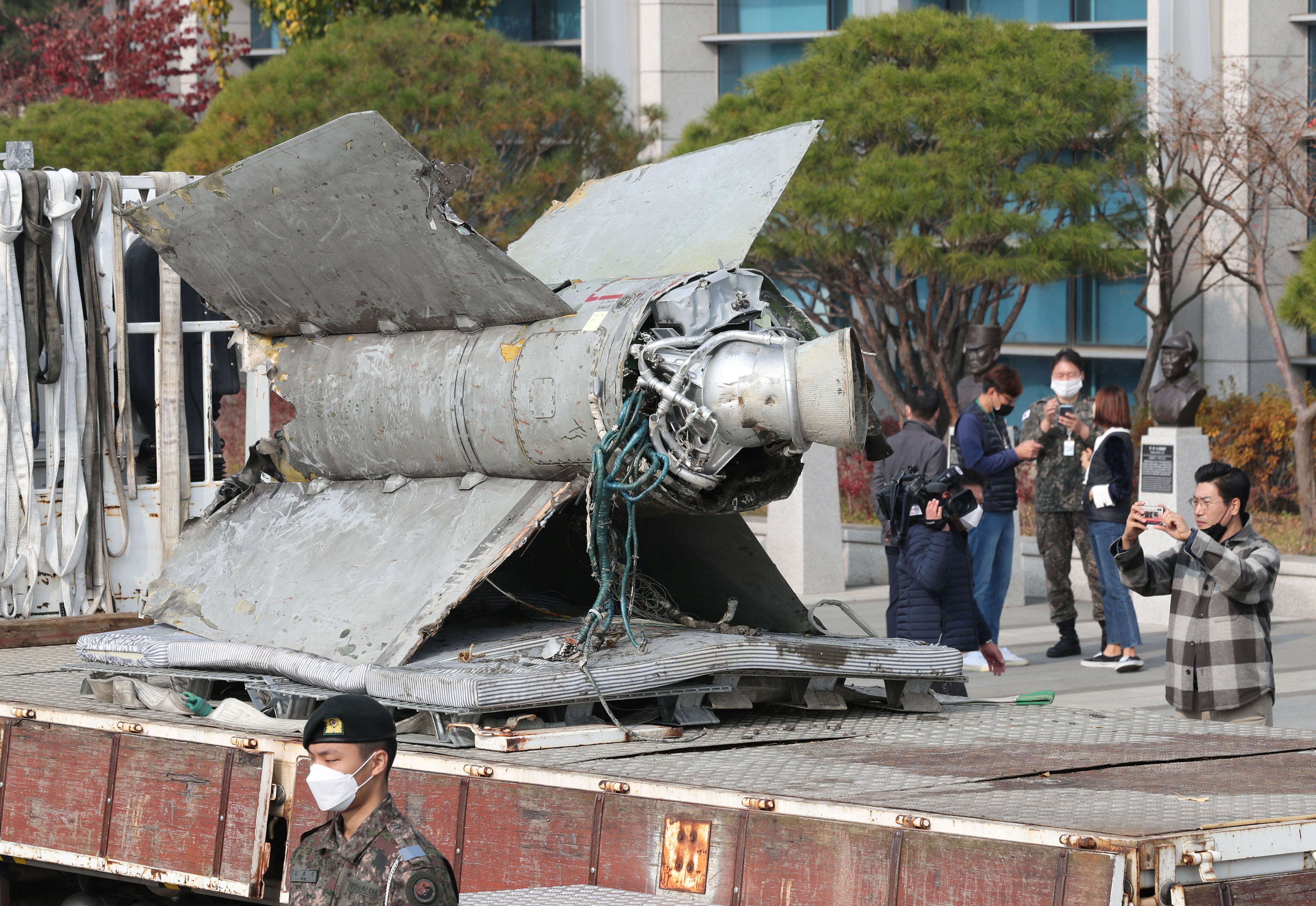 Debris of a North Korean missile salvaged from South Korean waters that was identified as parts of a Soviet-era SA-5 surface-to-air missile is seen at the Defense Ministry in Seoul