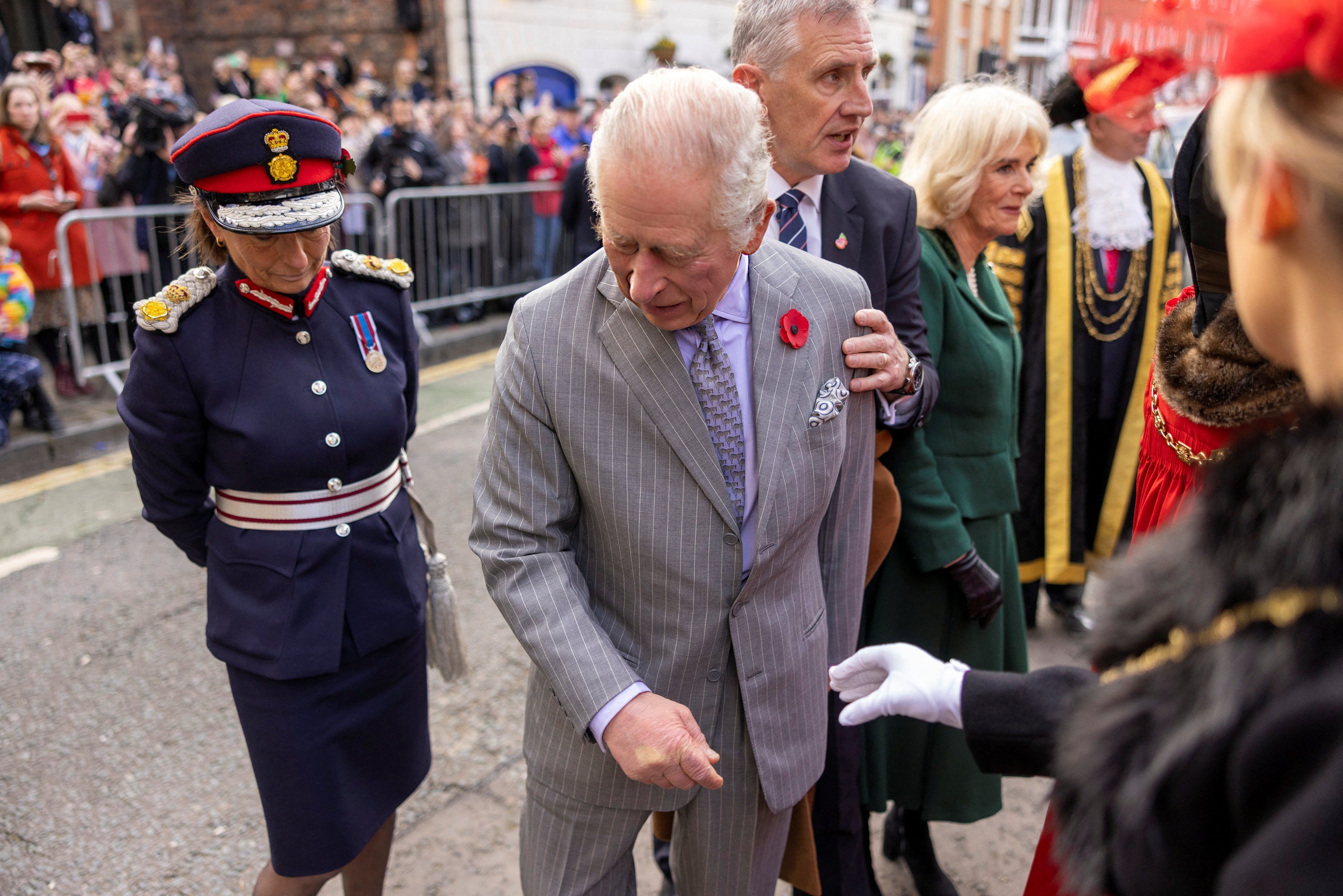 King Charles reacts after an egg was thrown in his direction in York during a ceremony at Micklegate Bar