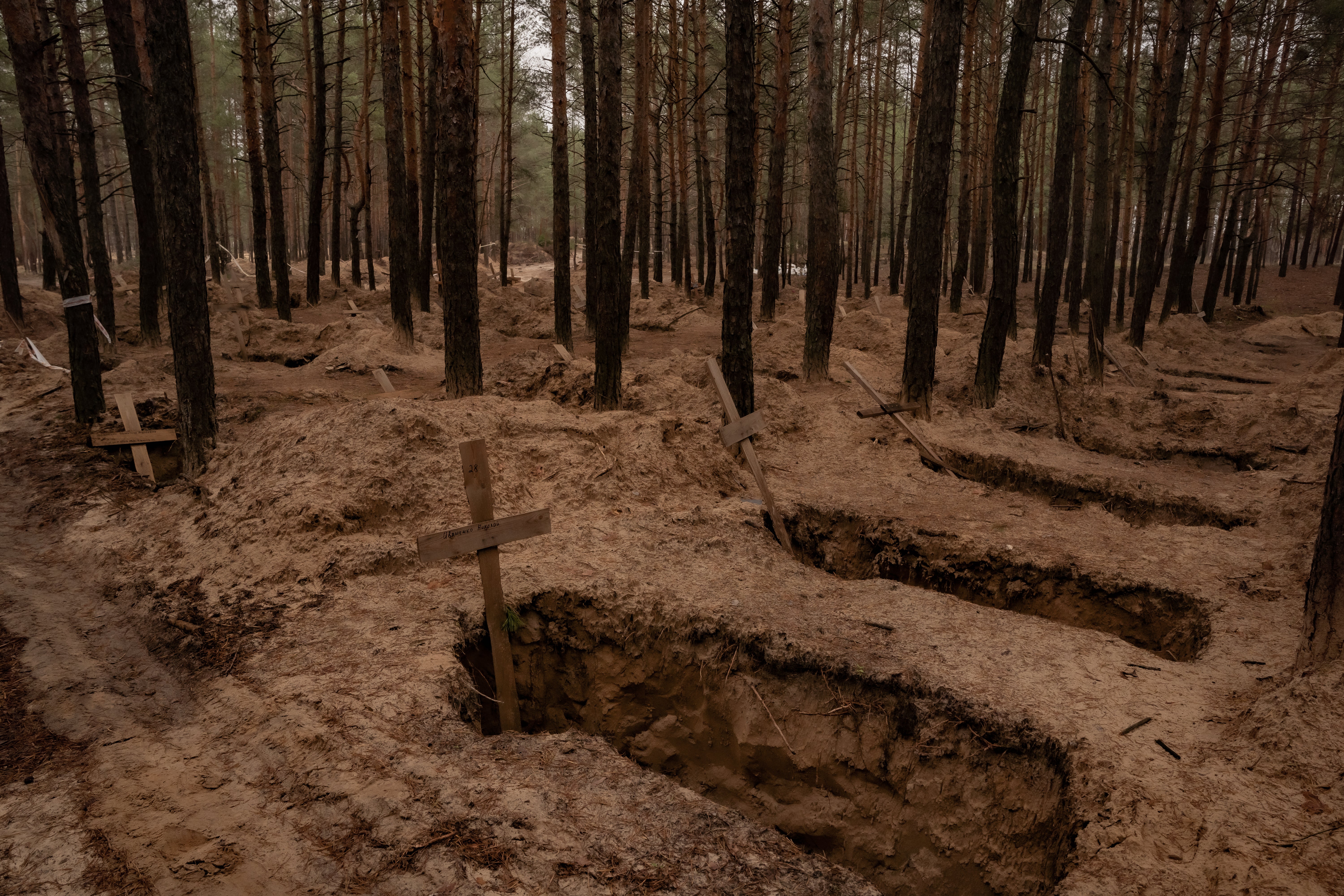 Izium regional police say they are still discovering bodies – over 400 were found in this mass grave in the woods