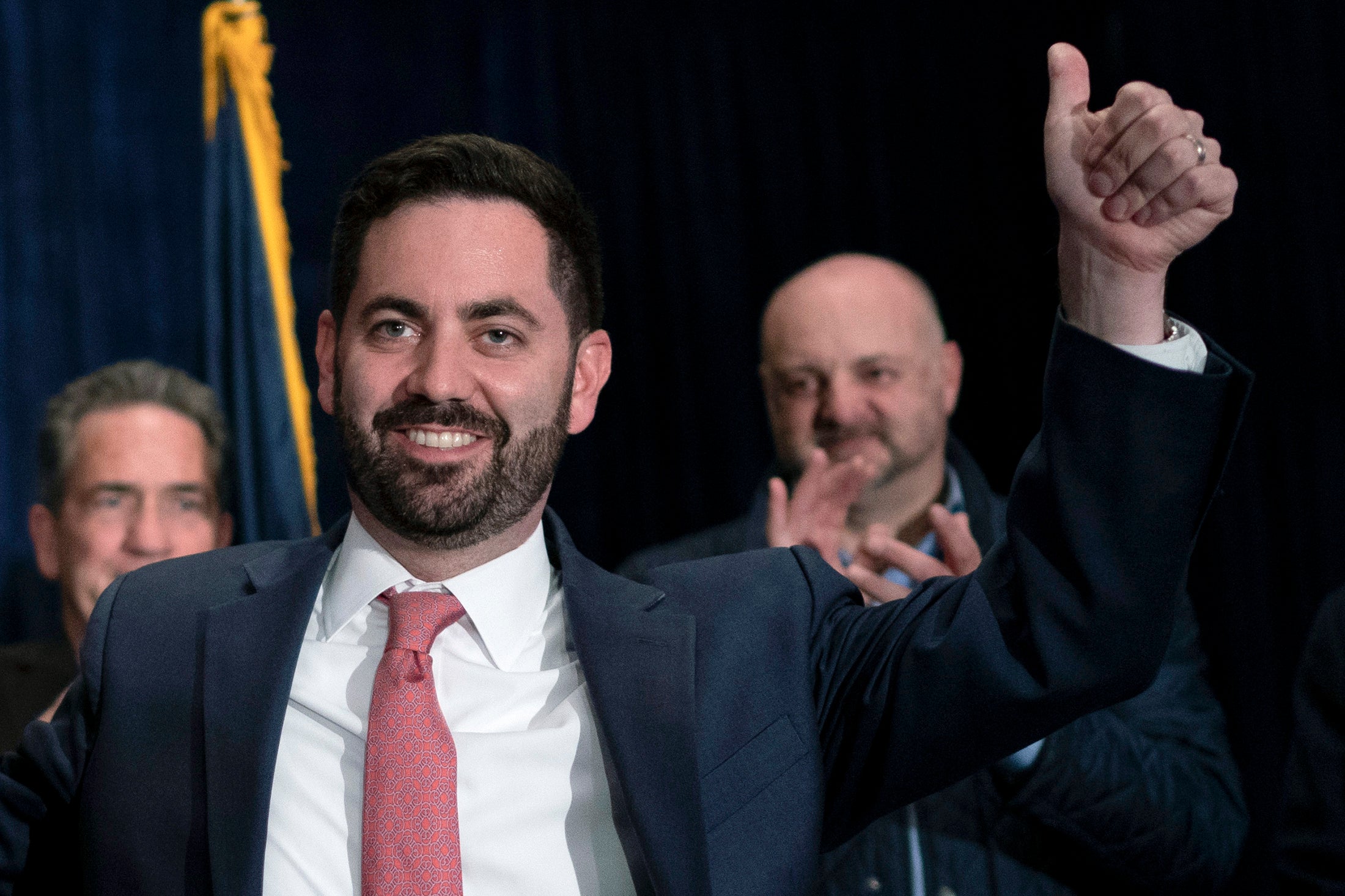 Mike Lawler, Republican candidate for New York's 17th Congressional District, greets supporters during an election night party on November 9, 2022