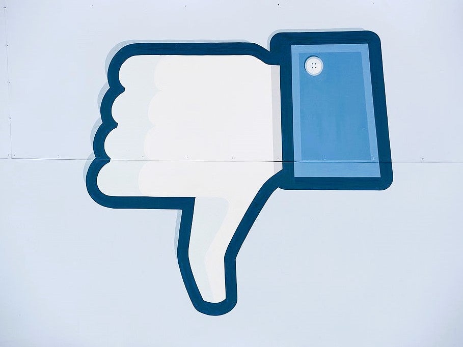 An upside-down thumbs up or ‘Like icon at the Facebook main campus in Menlo Park, California, 15 May, 2012