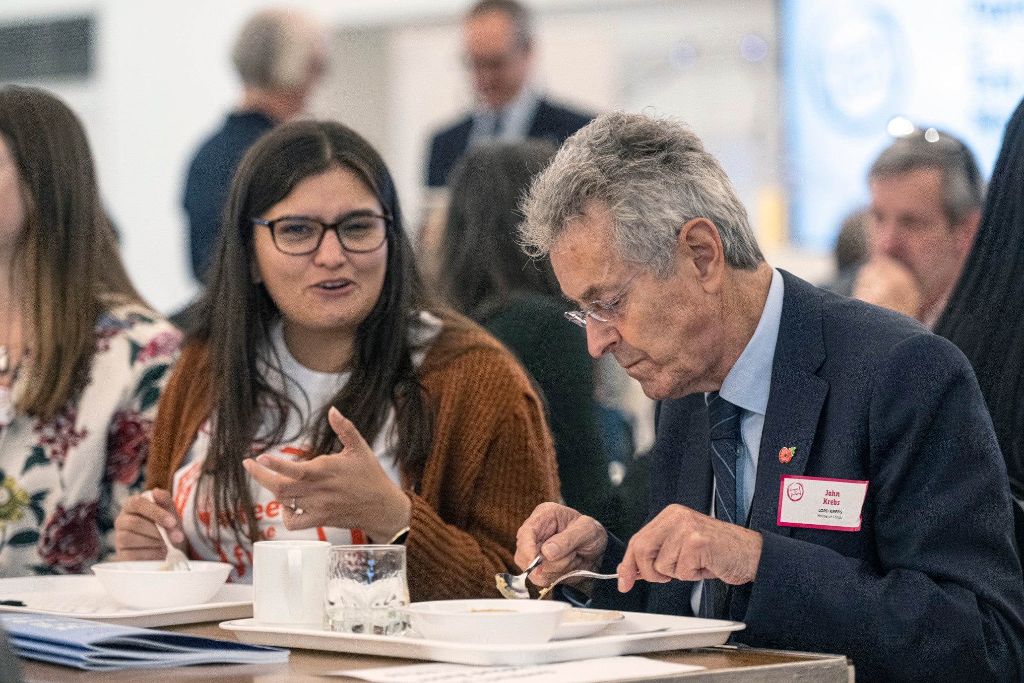 Lord Krebs eats a hot meal during the Food Foundation event in Westminster