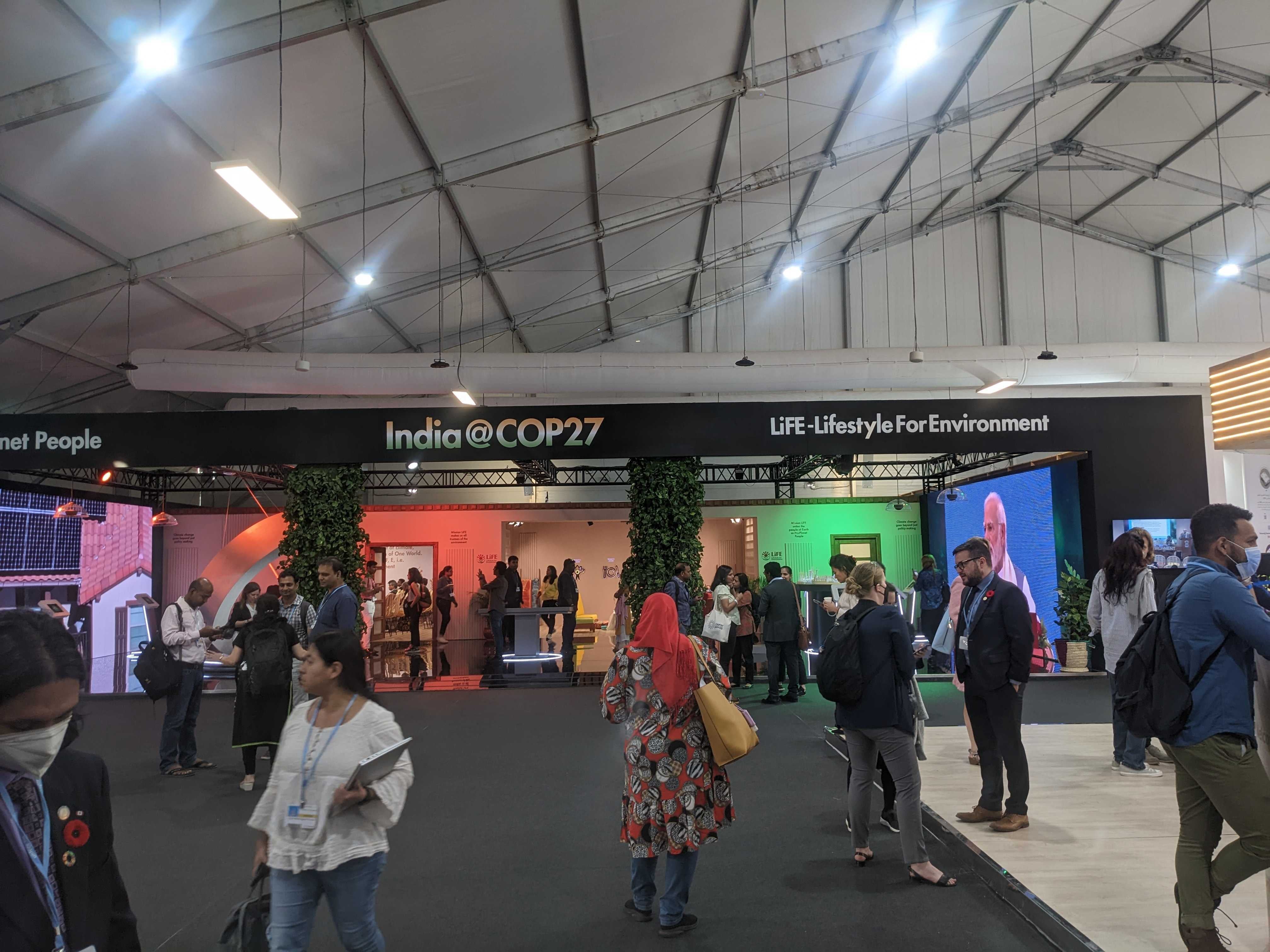 India’s pavilion at the Cop27 summit displaying the country’s new mantra LIFE - lifestyle for environment