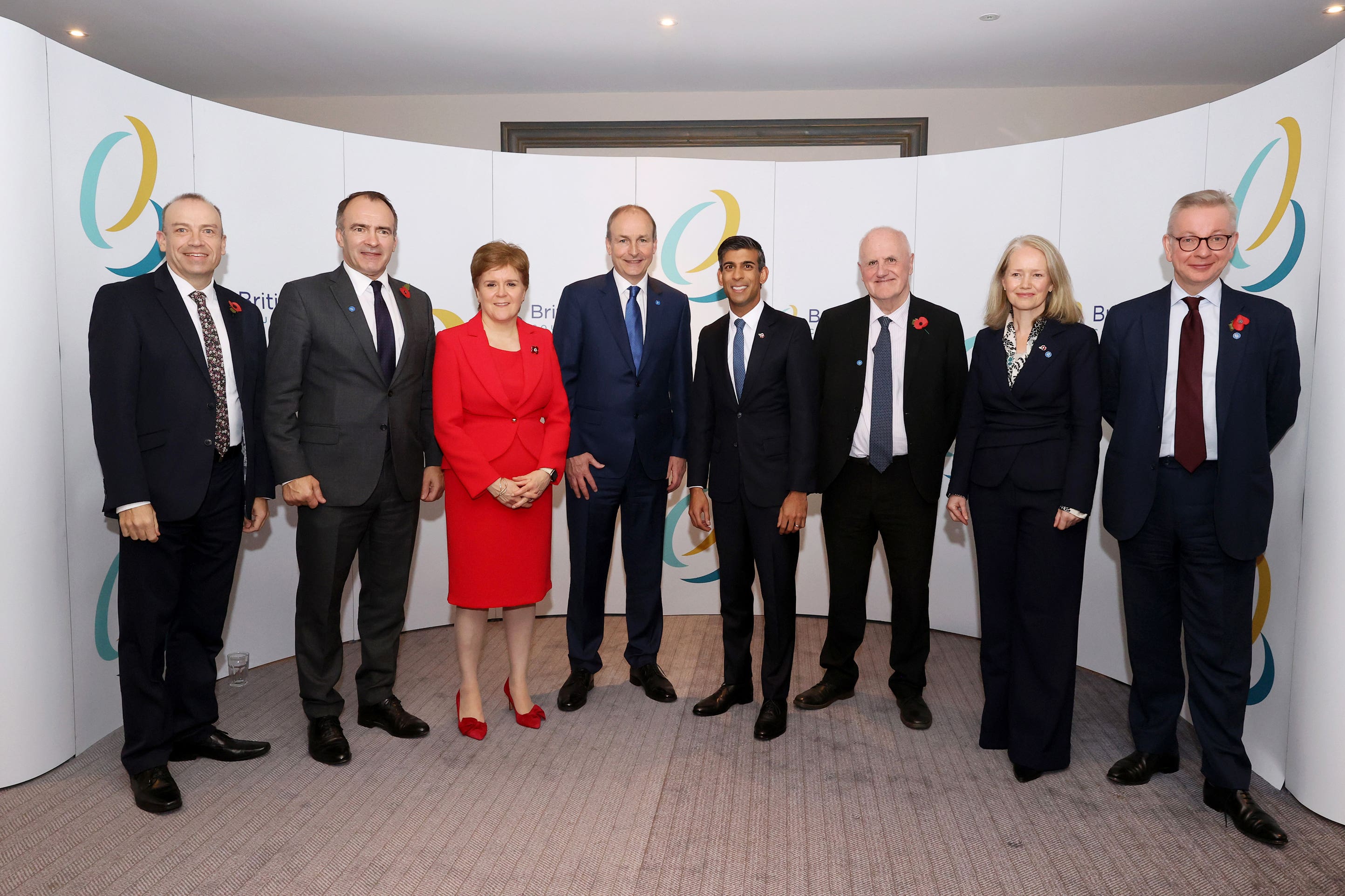 Left to right, Secretary of State for Northern Ireland Chris Heaton-Harris, Chief Minister of Isle of Man Alfred Cannan, Scottish First Minister Nicola Sturgeon, Taoiseach Micheal Martin, Prime Minister Rishi Sunak, P and RC President of Guernsey Peter Ferbrache, Chief Minister of Jersey Kristina Moore and MP Michael Gove, pose for a photograph during the British-Irish Council summit in Blackpool (Cameron Smith/PA)