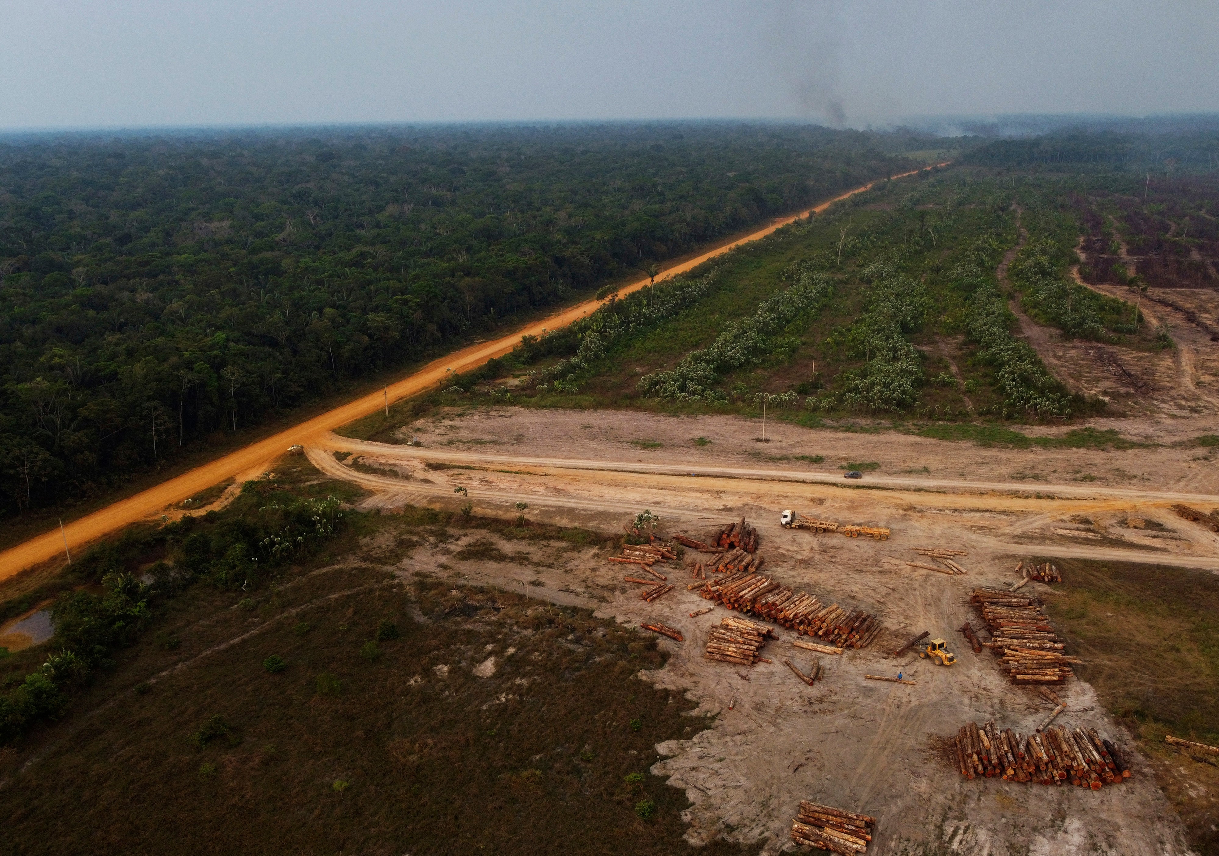 An area of forest on fire near a logging area in the Transamazonica highway region, in the municipality of Humaita, Amazonas state, Brazil