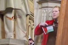 Palestine protesters spray ketchup ‘blood’ over statue in Houses of Parliament