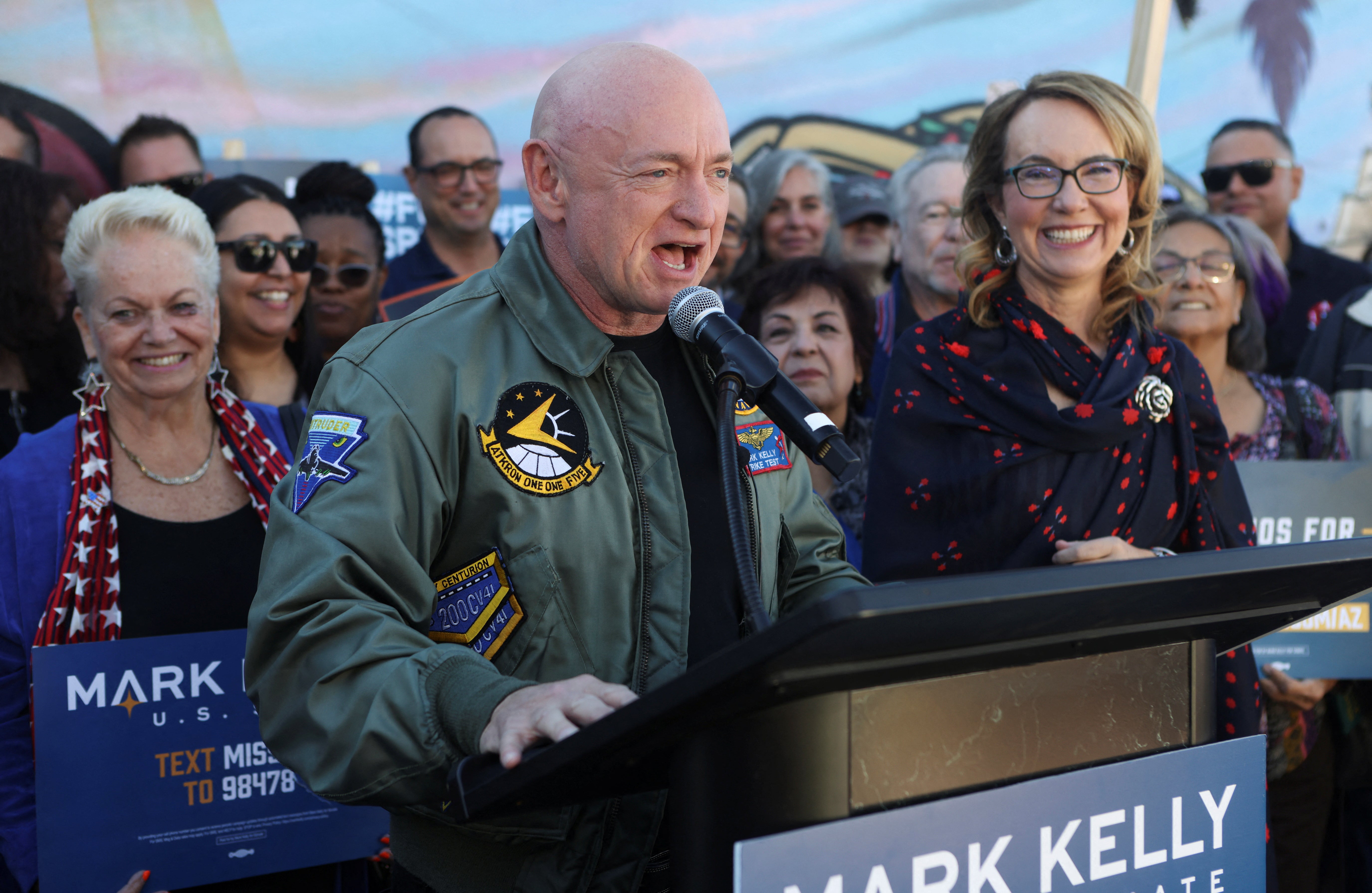 Kelly and his wife Gabby Giffords, a former member of the United States House of Representatives, declare victory in his re-election campaign against Republican challenger Blake Masters the 2022 midterm elections in Phoenix, Arizona