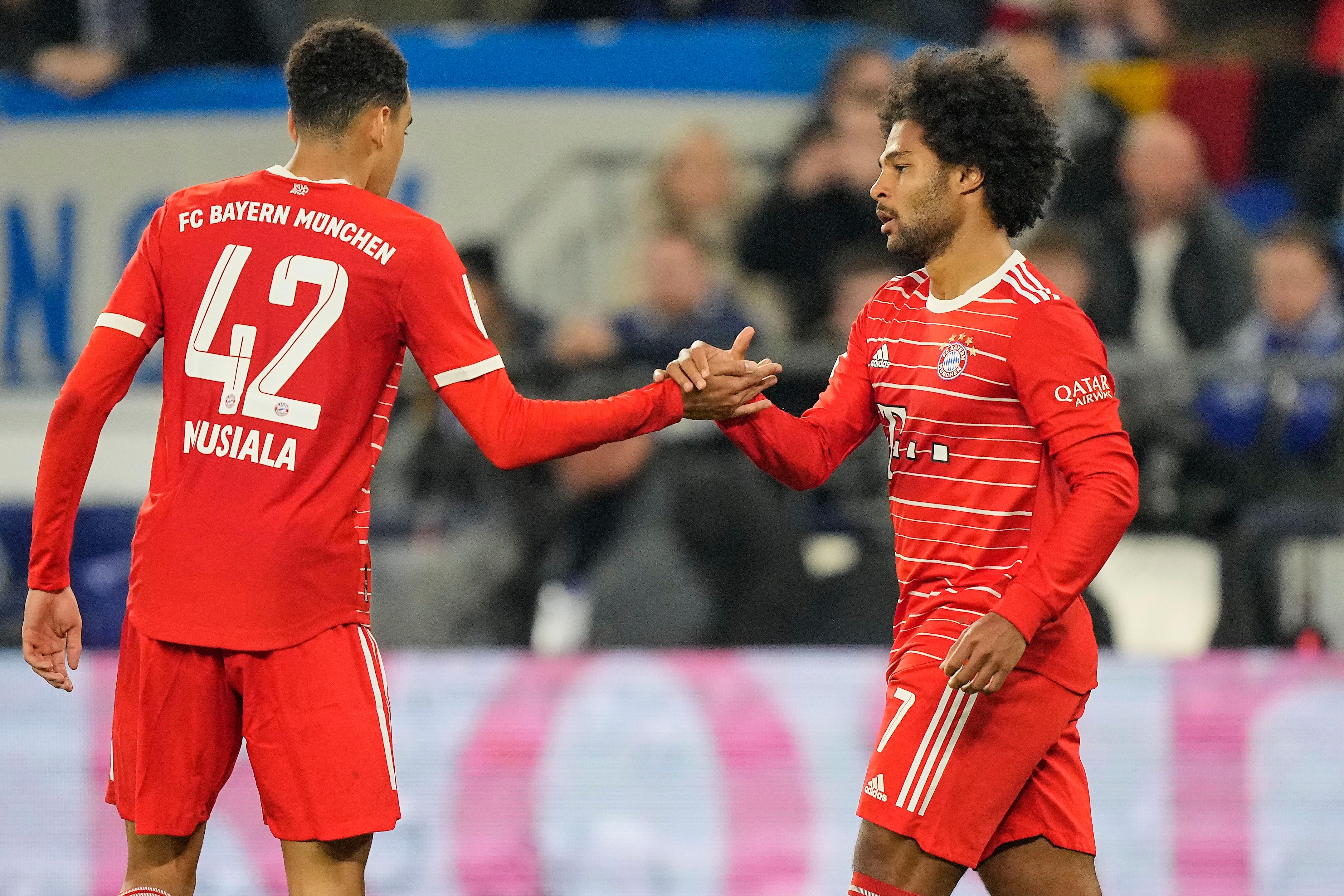 Serge Gnabry, right, fired in Bayern’s first goal with the help of Jamal Musiala, left (Martin Meissner/AP)